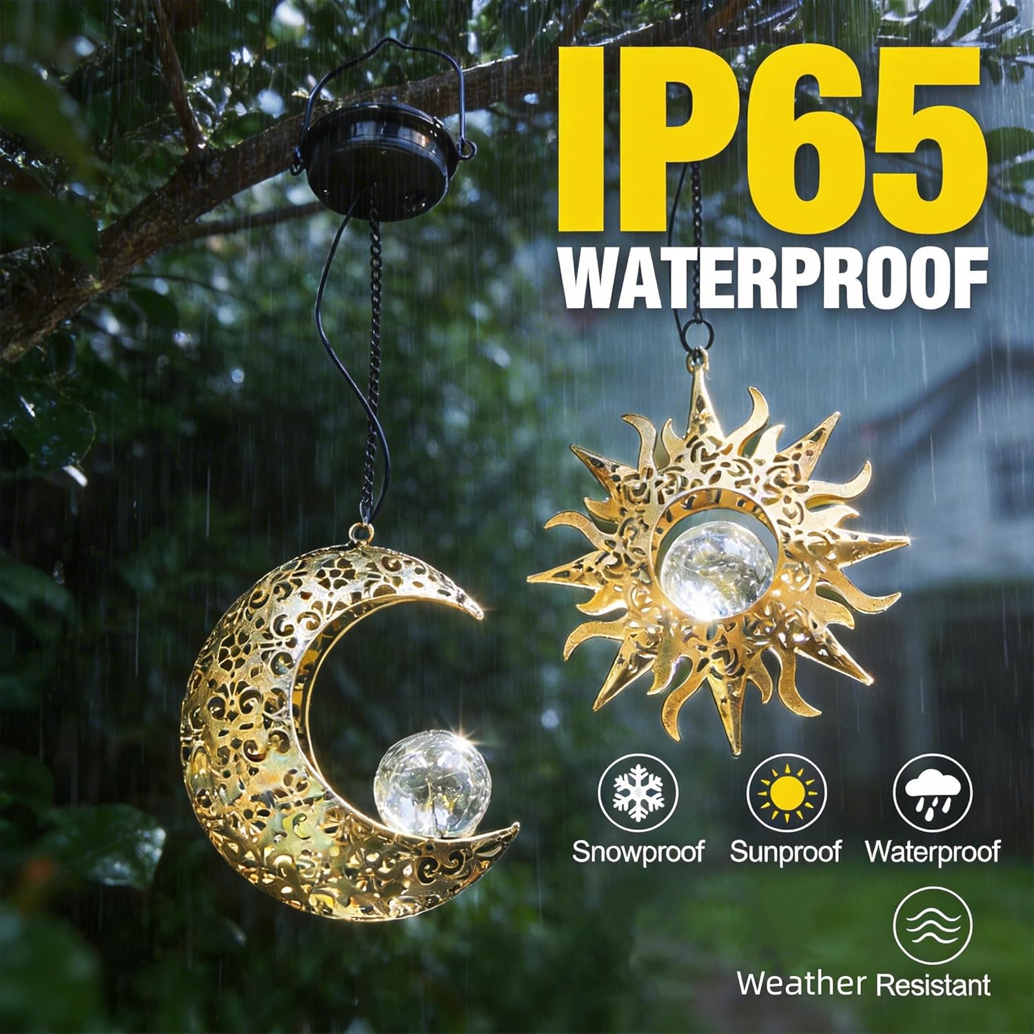 Solar Hanging Sun & Moon Lights Set for Outside,2 Pack Metal Lanterns Pierced Carving Soothing Lamp, Large Decorations for Yard Garden Patio Proch Tree Wall, Christmas Gifts for Women Mom