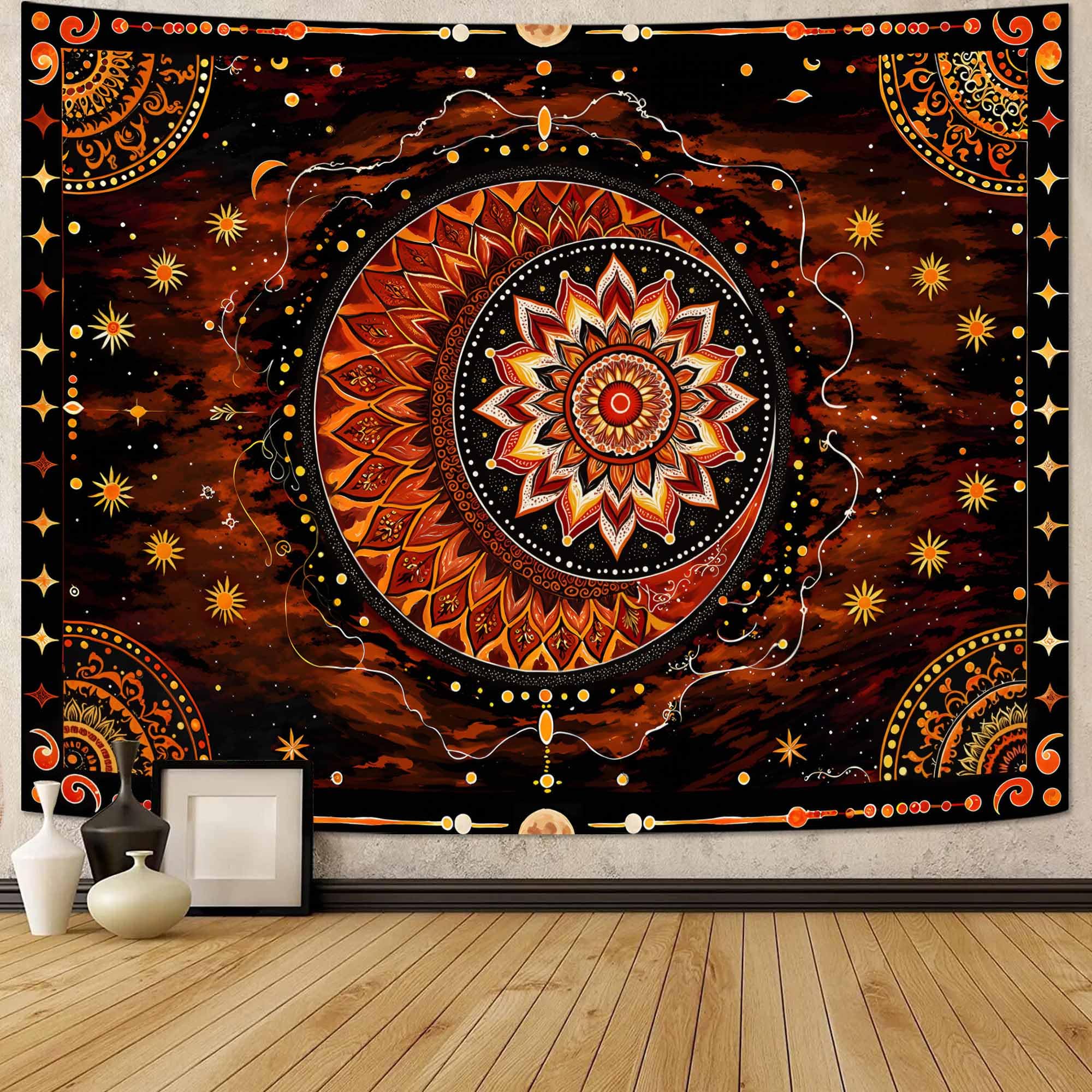 Wegklazax Watercolor Floral Mandala Tapestry, Soft Orange Botanical Wall Art for Room Decor, Cottagecore Aesthetic Home Decor 90" L x 70" W