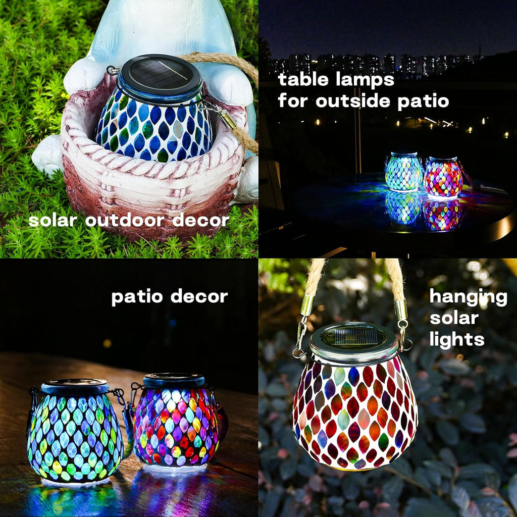 2 Pack Mosaic Blue & Red Solar Lanterns, Outdoor Glass Hanging Lights, Waterproof, Solar Table Lamps, Christmas Gifts for Women Mom Grandma, Night Lights, Decoration for Garden, Patio, Outdoor Decor