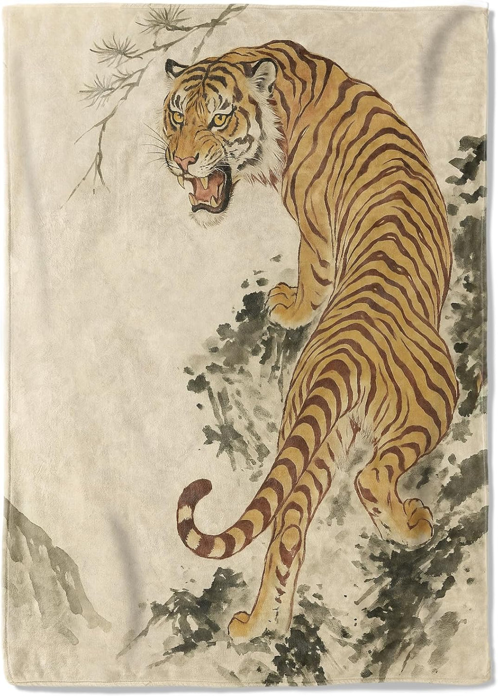 Oriental Roaring Tiger Ink Fleece Blanket,60x80in,Bold Traditional Chinese Art Style Mountains Throw Blankets,Soft Cozy Lightweight, Ideal for Bed Living Room Home Decor,Women Gifts