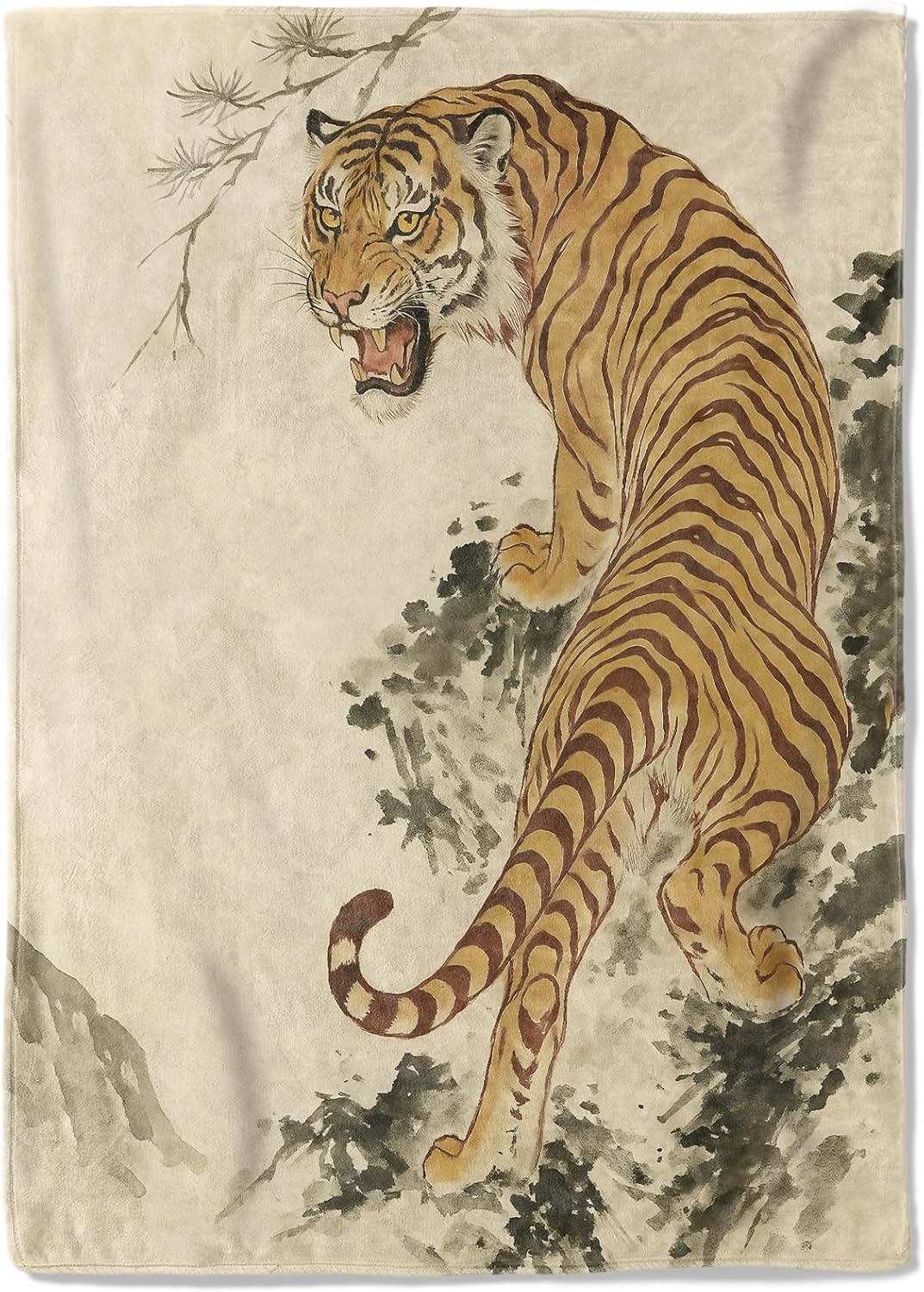 Oriental Roaring Tiger Ink Fleece Blanket,60x80in,Bold Traditional Chinese Art Style Mountains Throw Blankets,Soft Cozy Lightweight, Ideal for Bed Living Room Home Decor,Women Gifts
