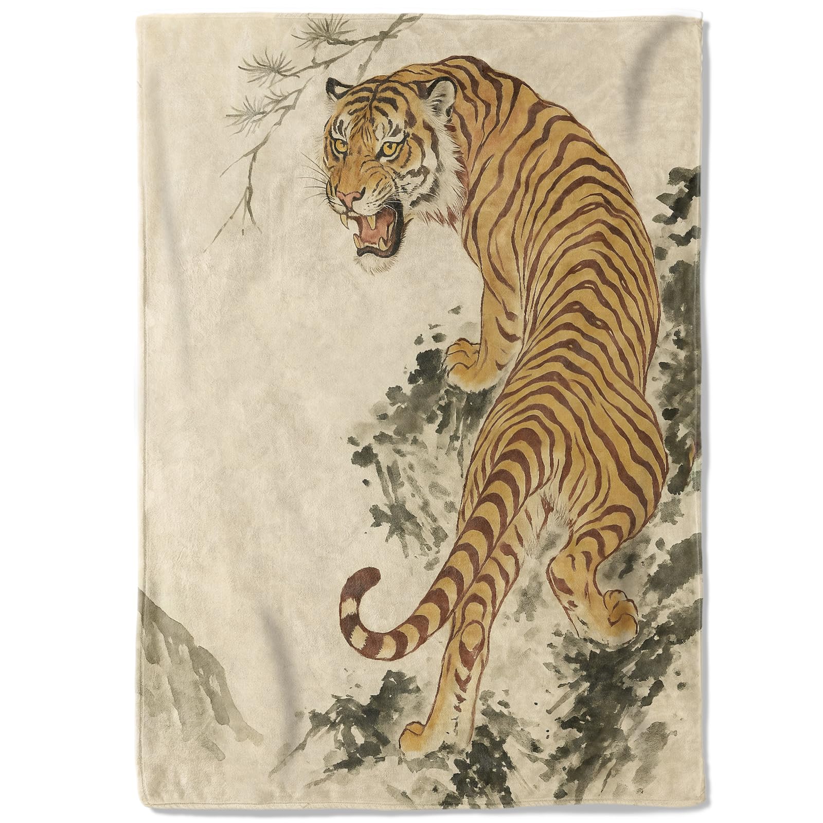 Oriental Roaring Tiger Ink Fleece Blanket,60x80in,Bold Traditional Chinese Art Style Mountains Throw Blankets,Soft Cozy Lightweight, Ideal for Bed Living Room Home Decor,Women Gifts