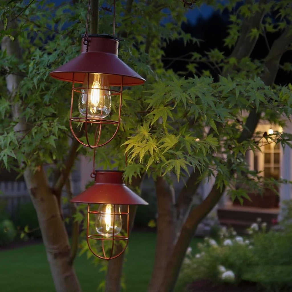 2-Pack Red Waterproof Metal Solar Hanging Lanterns with Hooks, Warm White LED for Yard Garden Patio Outdoor Decor