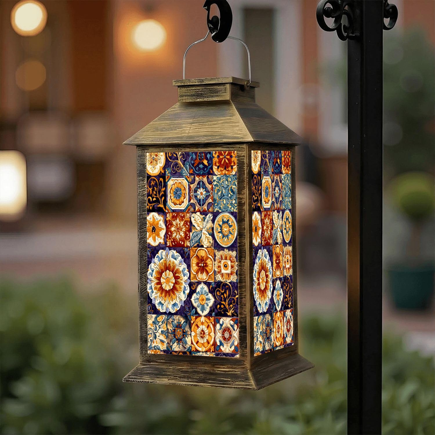 Solar Lantern Outdoor Waterproof Mexican Talavera Ceramic Tile Seamless Ethnic Folk Ornament Italian Garden Decor LED Hanging Solar Lights Tabletop Lamp Gifts for Women Mom Outside Yard Patio Porch