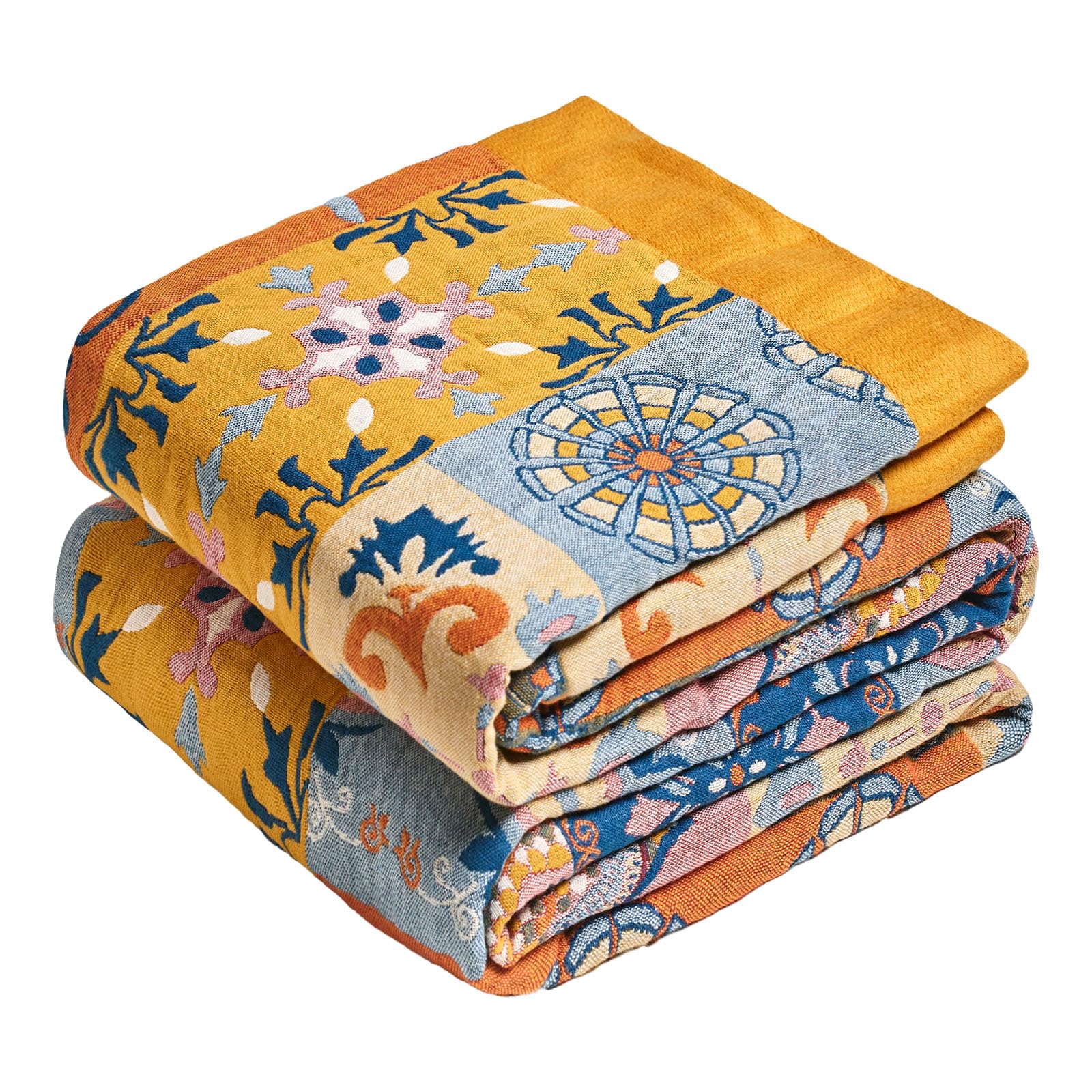 MSGKV Boho Throw Blanket for Couch Chair 100% Cotton Floral Blanket 50"x60" Sofa Blankets Lightweight Farmhouse Muslin Summer Breathable Bed Blankets Home Decor All Seasons