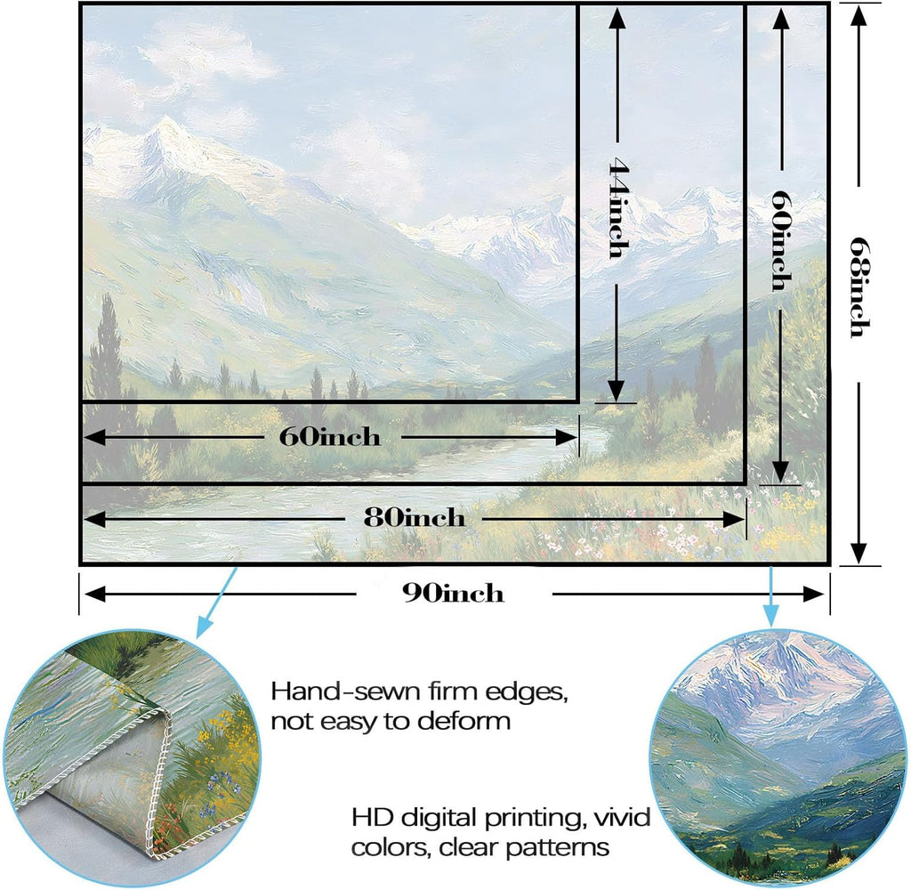 Yeoiat Tapestry Alpine Mountain River Landscape Oil Painting Wall Art Artistic Hand-Painted Look Fine Art Meadow Flowers Decor 90"x70"