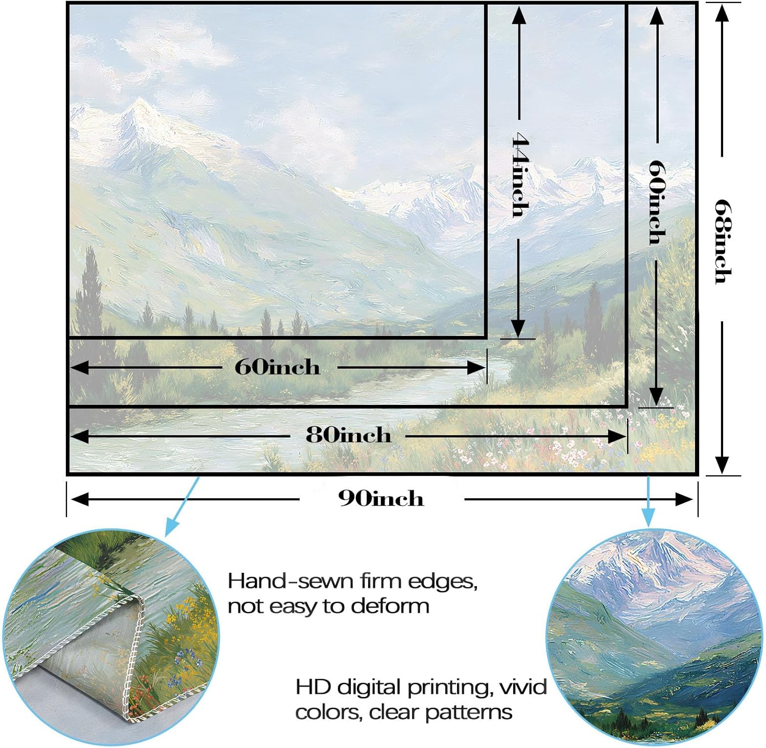 Yeoiat Tapestry Alpine Mountain River Landscape Oil Painting Wall Art Artistic Hand-Painted Look Fine Art Meadow Flowers Decor 90"x70"