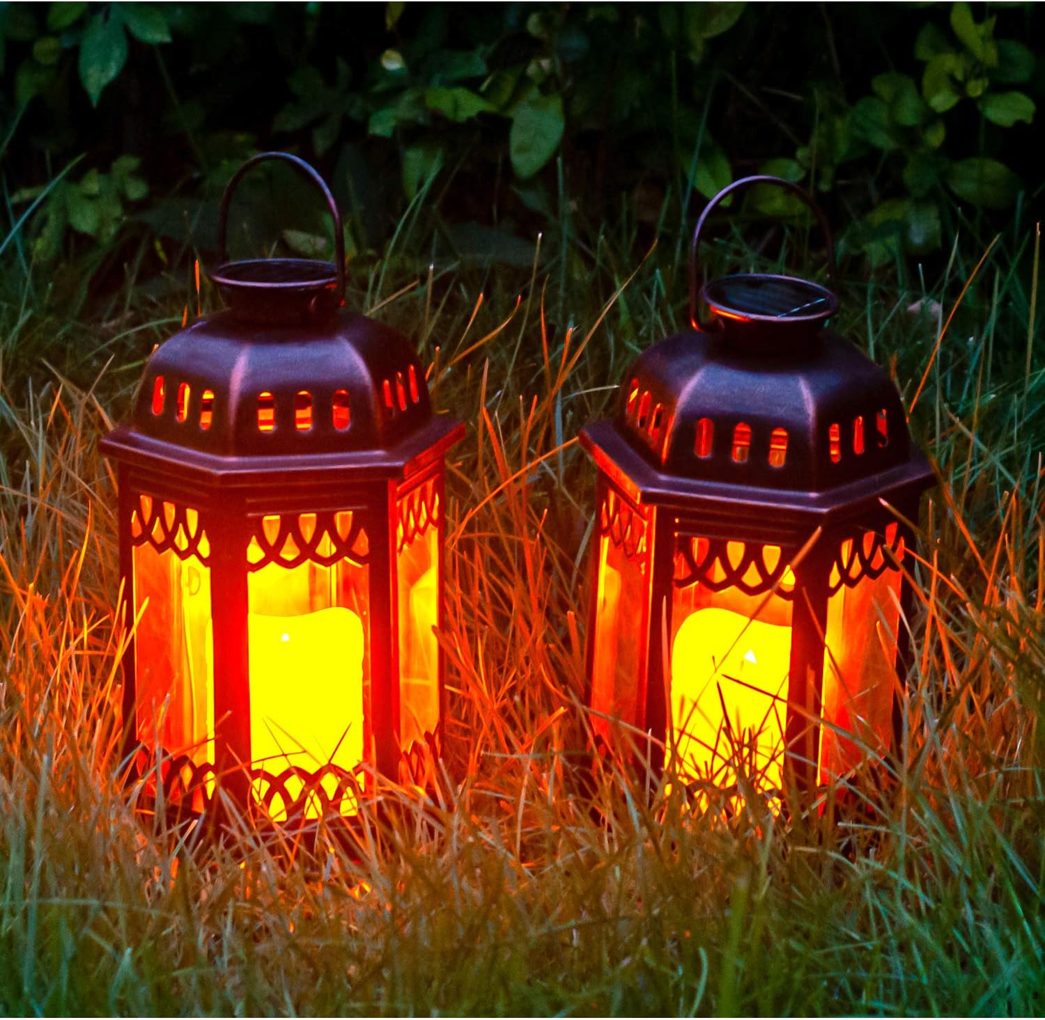 Solar Lanterns 2 Pack Bronze - Retro Ornate Hanging Lantern with Handle, Outdoor Lantern with Flickering Candle LED, 6.60 x 6.60 x 10.60 in