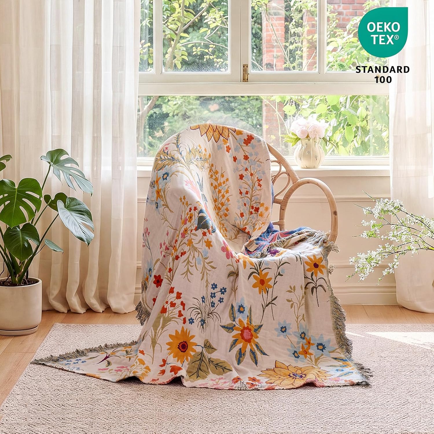 MSGKV Boho Throw Blanket for Couch Chair 100% Cotton Floral Blanket 50"x60" Sofa Blankets Lightweight Farmhouse Muslin Summer Breathable Bed Blankets Home Decor All Seasons