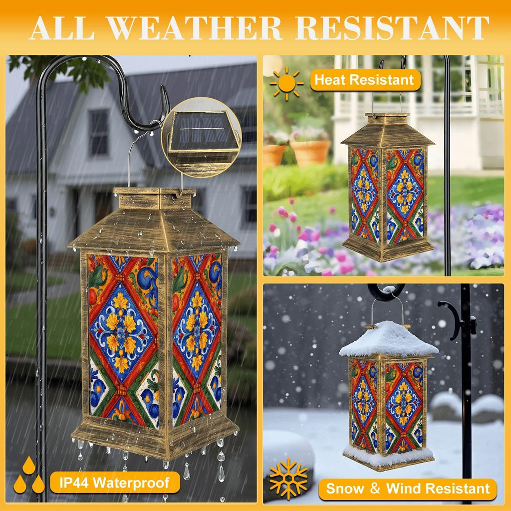 Solar Lantern Outdoor Waterproof Mexican Talavera Ceramic Tile Seamless Ethnic Folk Ornament Italian Garden Decor LED Hanging Solar Lights Tabletop Lamp Gifts for Women Mom Outside Yard Patio Porch