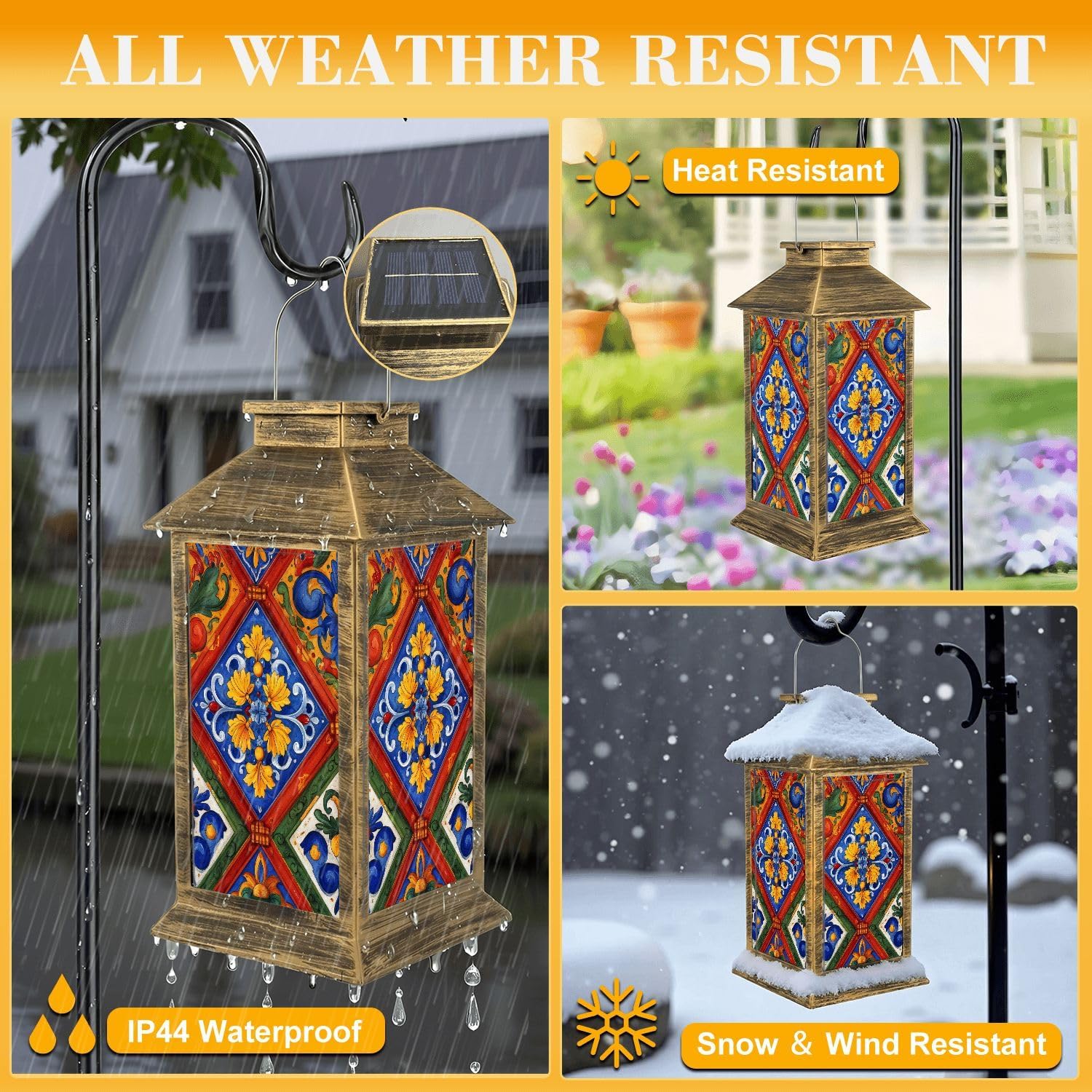 Solar Lantern Outdoor Waterproof Mexican Talavera Ceramic Tile Seamless Ethnic Folk Ornament Italian Garden Decor LED Hanging Solar Lights Tabletop Lamp Gifts for Women Mom Outside Yard Patio Porch