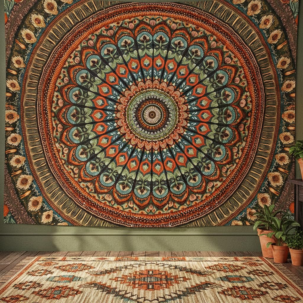 Accnicc Extra Large Orange Brown Boho Mandala Floral Tapestry, 90×68 Inch, Bohemian Wall Decor for Bedroom Living Room Dorm
