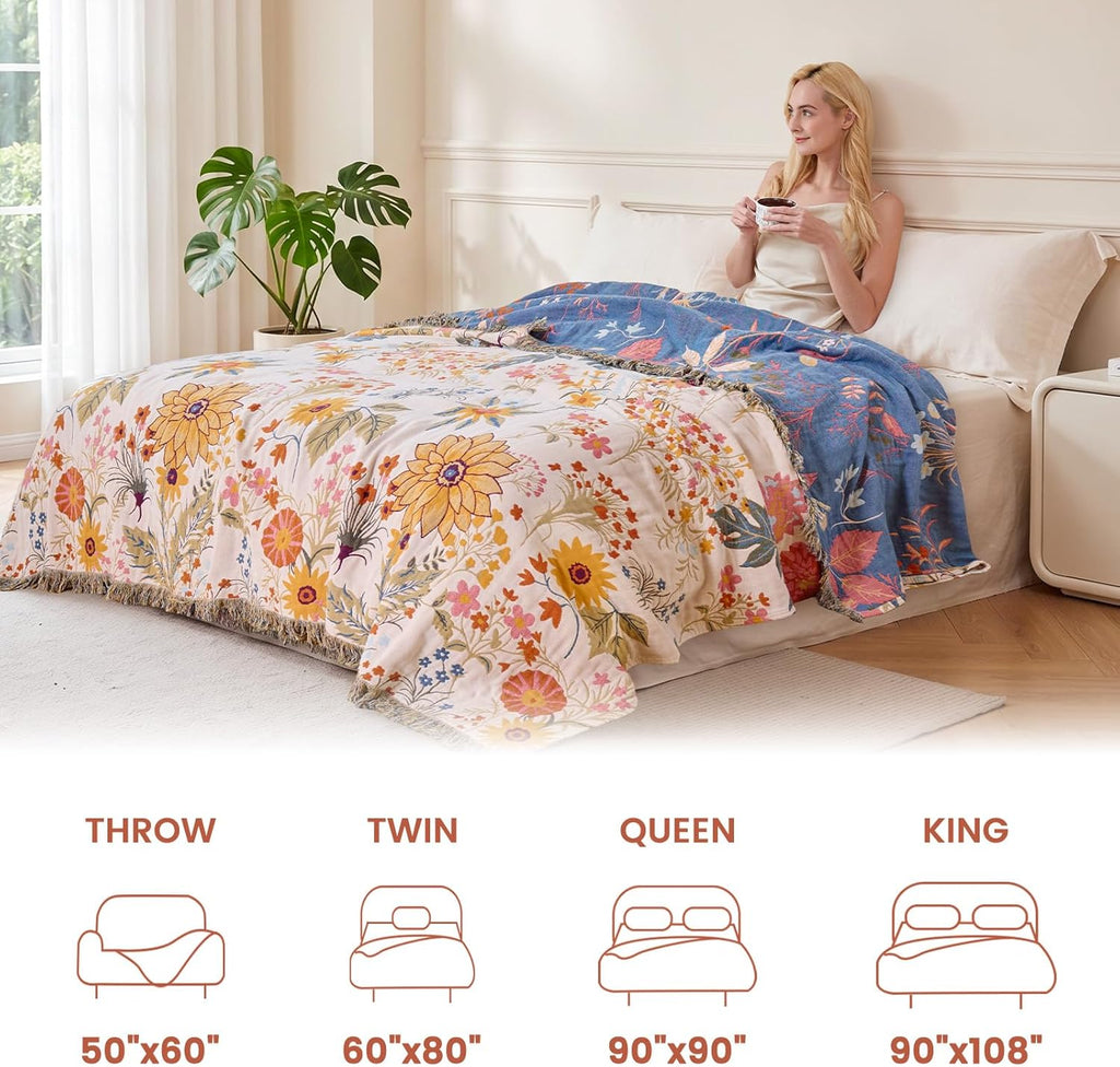 MSGKV Boho Throw Blanket for Couch Chair 100% Cotton Floral Blanket 50"x60" Sofa Blankets Lightweight Farmhouse Muslin Summer Breathable Bed Blankets Home Decor All Seasons