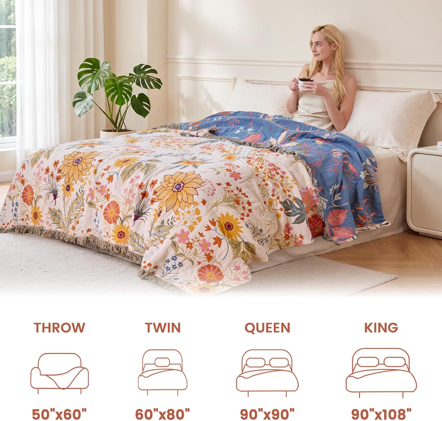 MSGKV Boho Throw Blanket for Couch Chair 100% Cotton Floral Blanket 50"x60" Sofa Blankets Lightweight Farmhouse Muslin Summer Breathable Bed Blankets Home Decor All Seasons