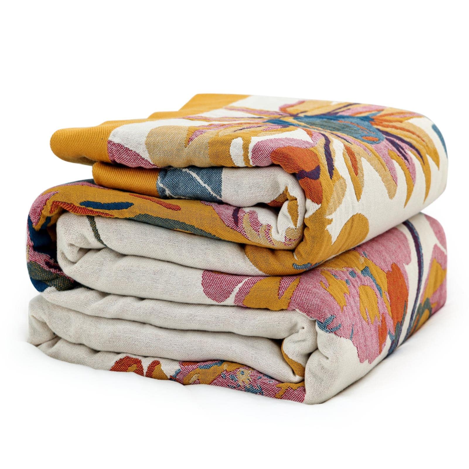 MSGKV Boho Throw Blanket for Couch Chair 100% Cotton Floral Blanket 50"x60" Sofa Blankets Lightweight Farmhouse Muslin Summer Breathable Bed Blankets Home Decor All Seasons