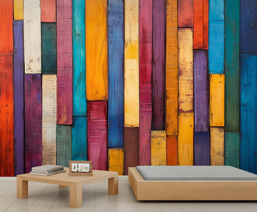 Colorful Distressed 3D Wood Grain Striped Wall Mural for Living Room & Bedroom, 197" x 118.2", Non-Adhesive