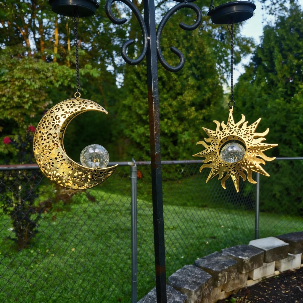 Solar Hanging Sun & Moon Lights Set for Outside,2 Pack Metal Lanterns Pierced Carving Soothing Lamp, Large Decorations for Yard Garden Patio Proch Tree Wall, Christmas Gifts for Women Mom