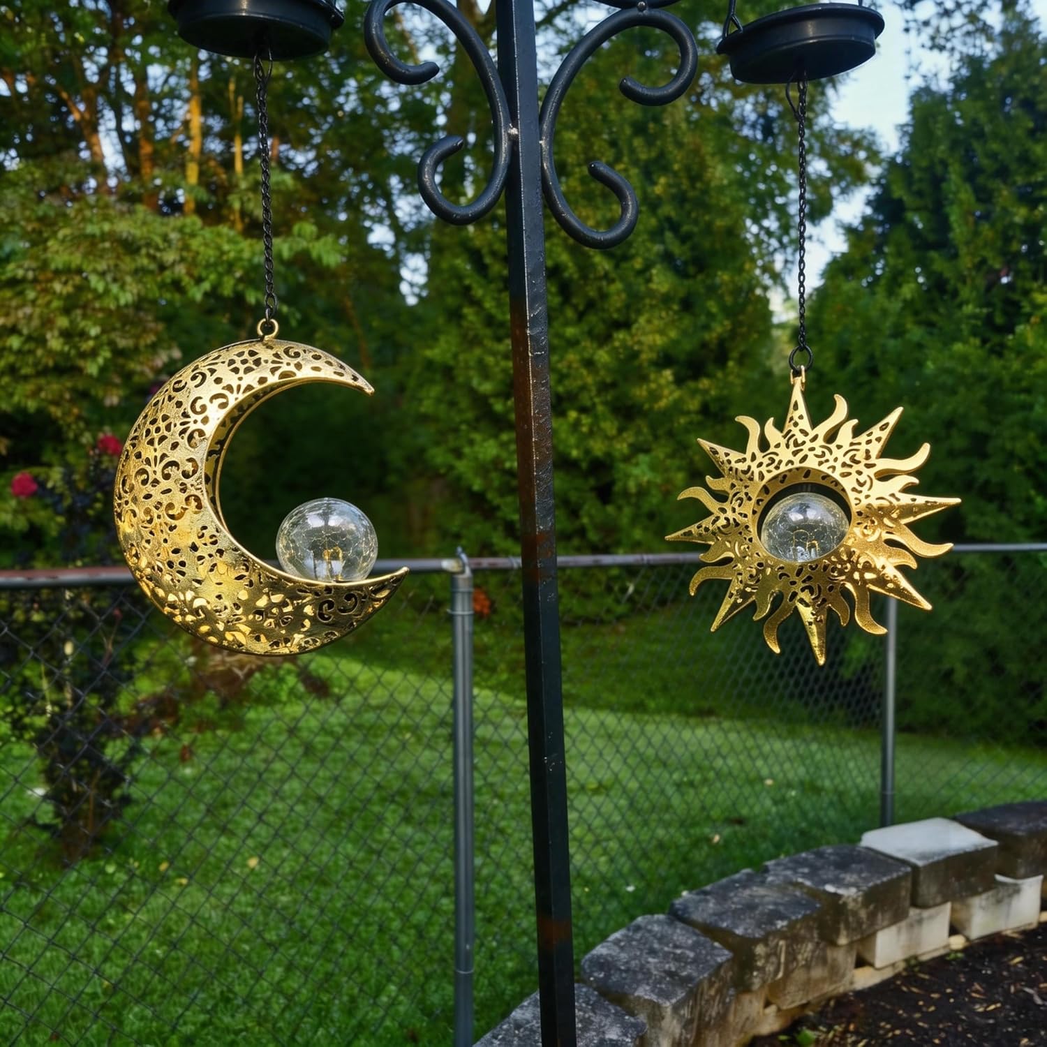 Solar Hanging Sun & Moon Lights Set for Outside,2 Pack Metal Lanterns Pierced Carving Soothing Lamp, Large Decorations for Yard Garden Patio Proch Tree Wall, Christmas Gifts for Women Mom