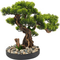 Realistic Artificial Bonsai Pine Tree, 25.6 * 17.7in Indoor Desktop Welcome Pine Bonsai, Potted Artificial House Plant with Iron Pot and Pebbles, for Home Bookshelf Office Desk Farmhouse Decor