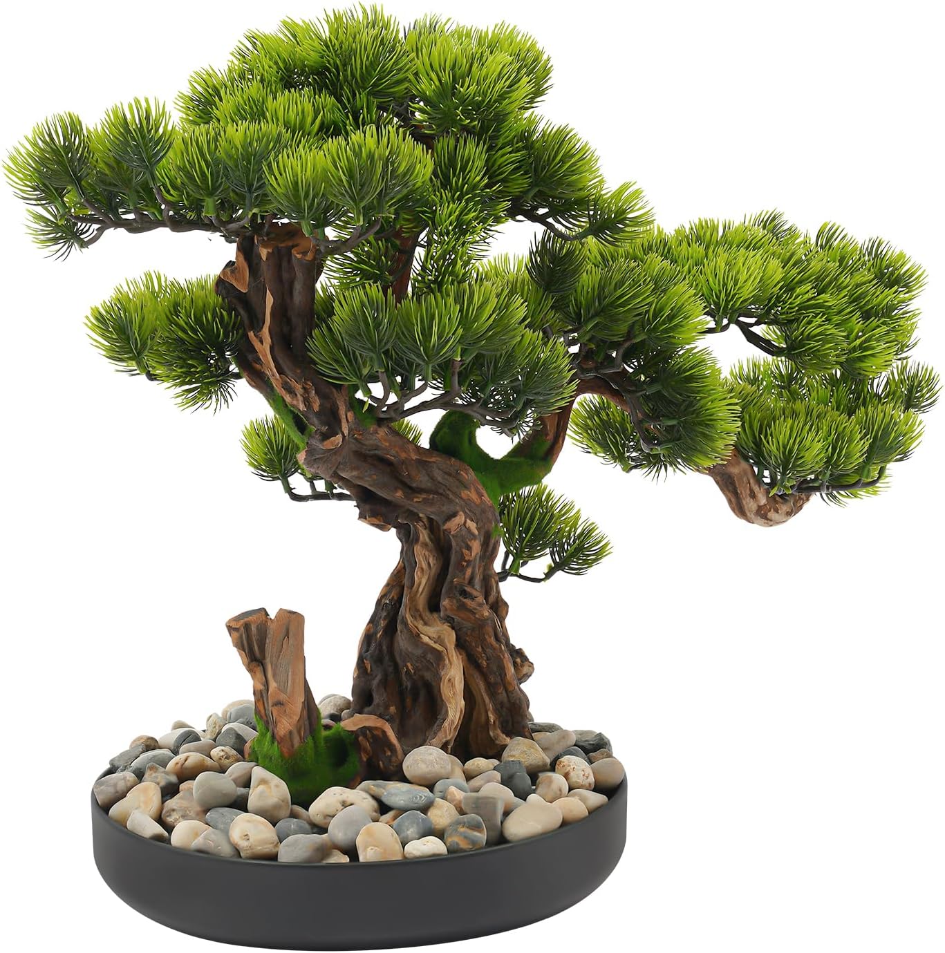 Realistic Artificial Bonsai Pine Tree, 25.6 * 17.7in Indoor Desktop Welcome Pine Bonsai, Potted Artificial House Plant with Iron Pot and Pebbles, for Home Bookshelf Office Desk Farmhouse Decor