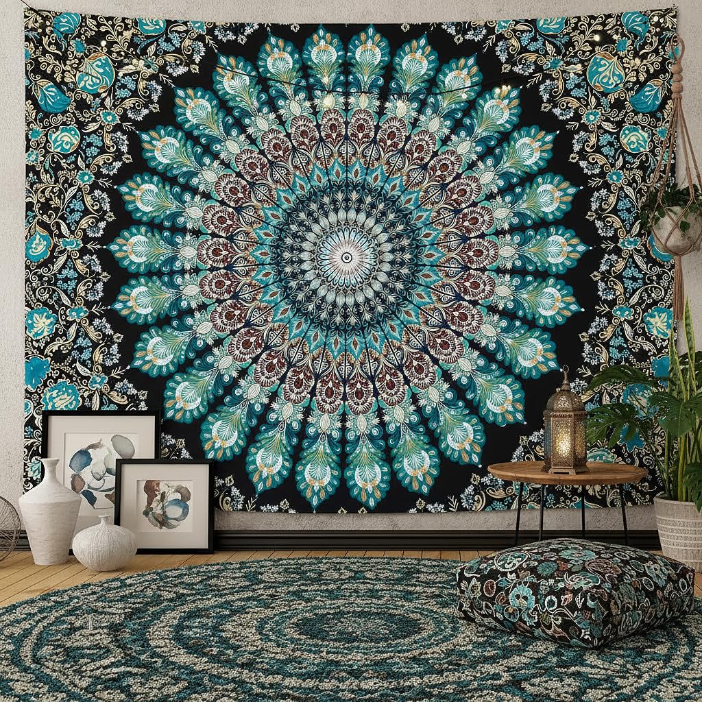 Accnicc Extra Large Orange Brown Boho Mandala Floral Tapestry, 90×68 Inch, Bohemian Wall Decor for Bedroom Living Room Dorm