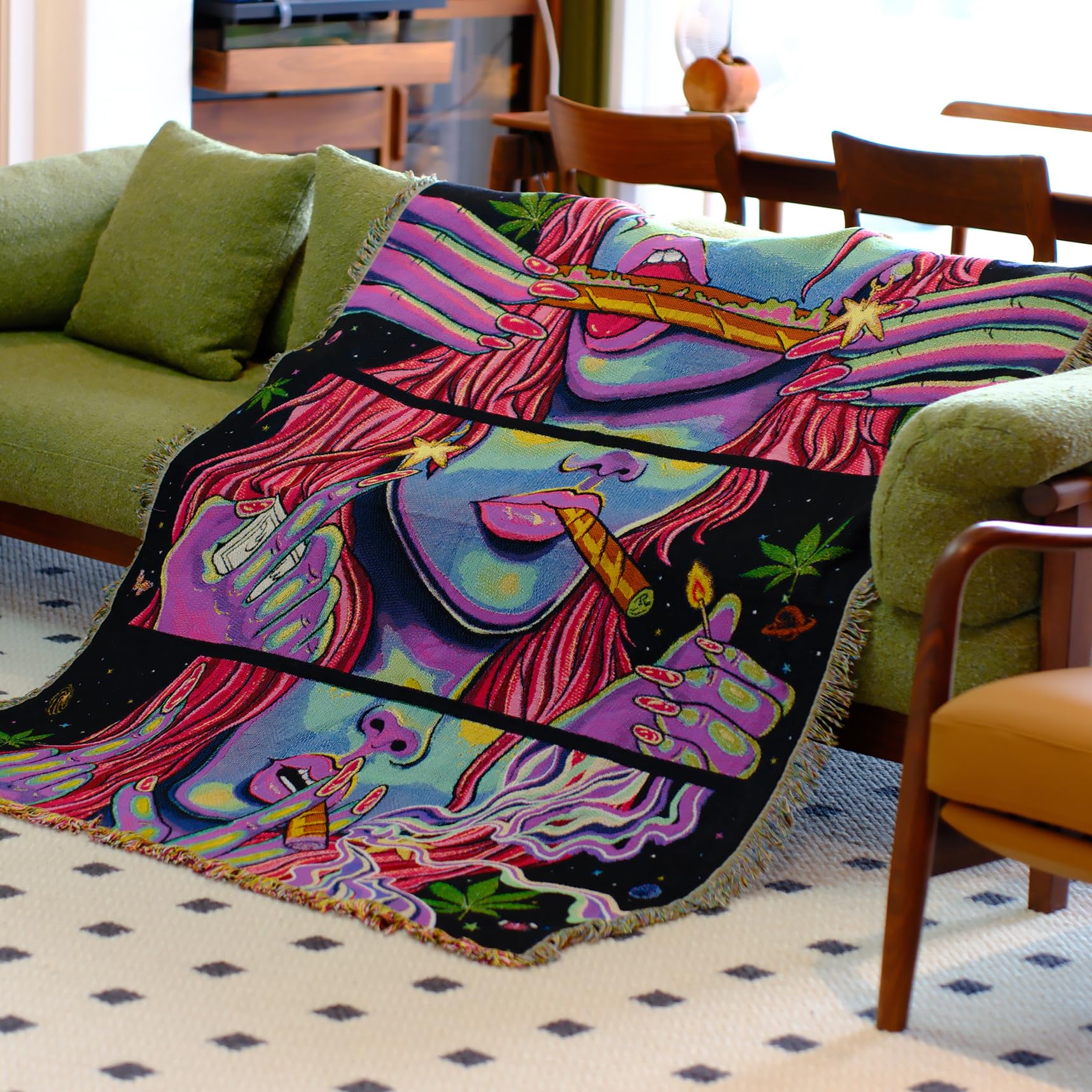 Mandala Flower Boho Throw Blanket for Couch Bed Chair Lounge Hippie Room Decor Reversible Cotton Woven Whimsical Throw Blanket Witchy Room Decor Throws Bed Spread Outdoor Camping Blanket 51x59 Inches