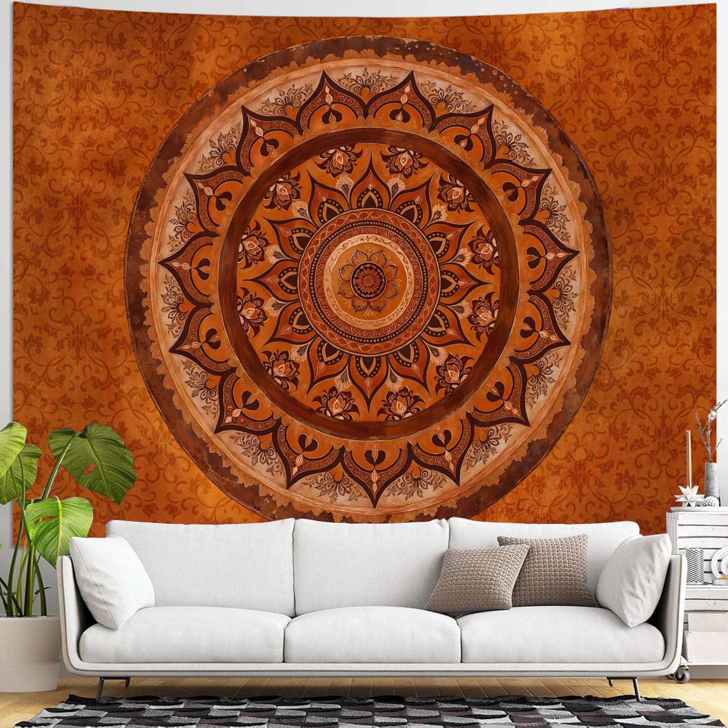 Accnicc Extra Large Orange Brown Boho Mandala Floral Tapestry, 90×68 Inch, Bohemian Wall Decor for Bedroom Living Room Dorm