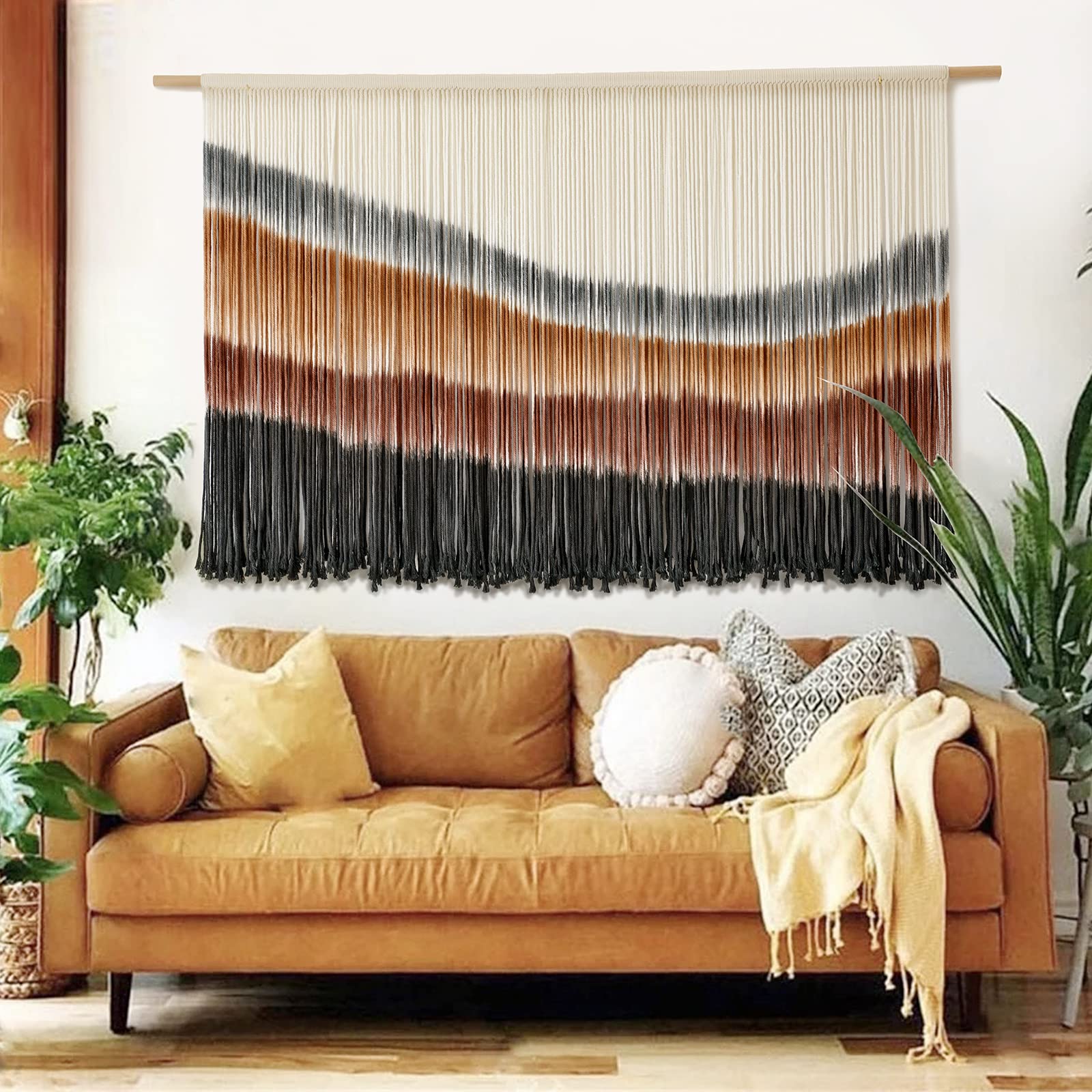 Macrame Wall Hanging Boho Chic Wall Art Macrame Wall Decor Fiber Yarn Tapestry Dip-Dye Living Room Home Bedroom Wall Decor 57" Wx 35" L