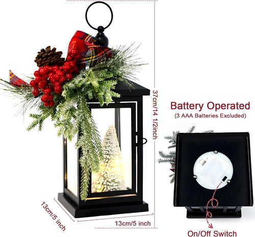 2Packs 14" Lighted Christmas Lanterns, Hanging Christmas Lantern Decorative with Snow-Covered Tree, Bow & Pine Cone Decorations for Porch, Mantel, Seasonal Display, Retro-Style Holiday Decor Outdoor