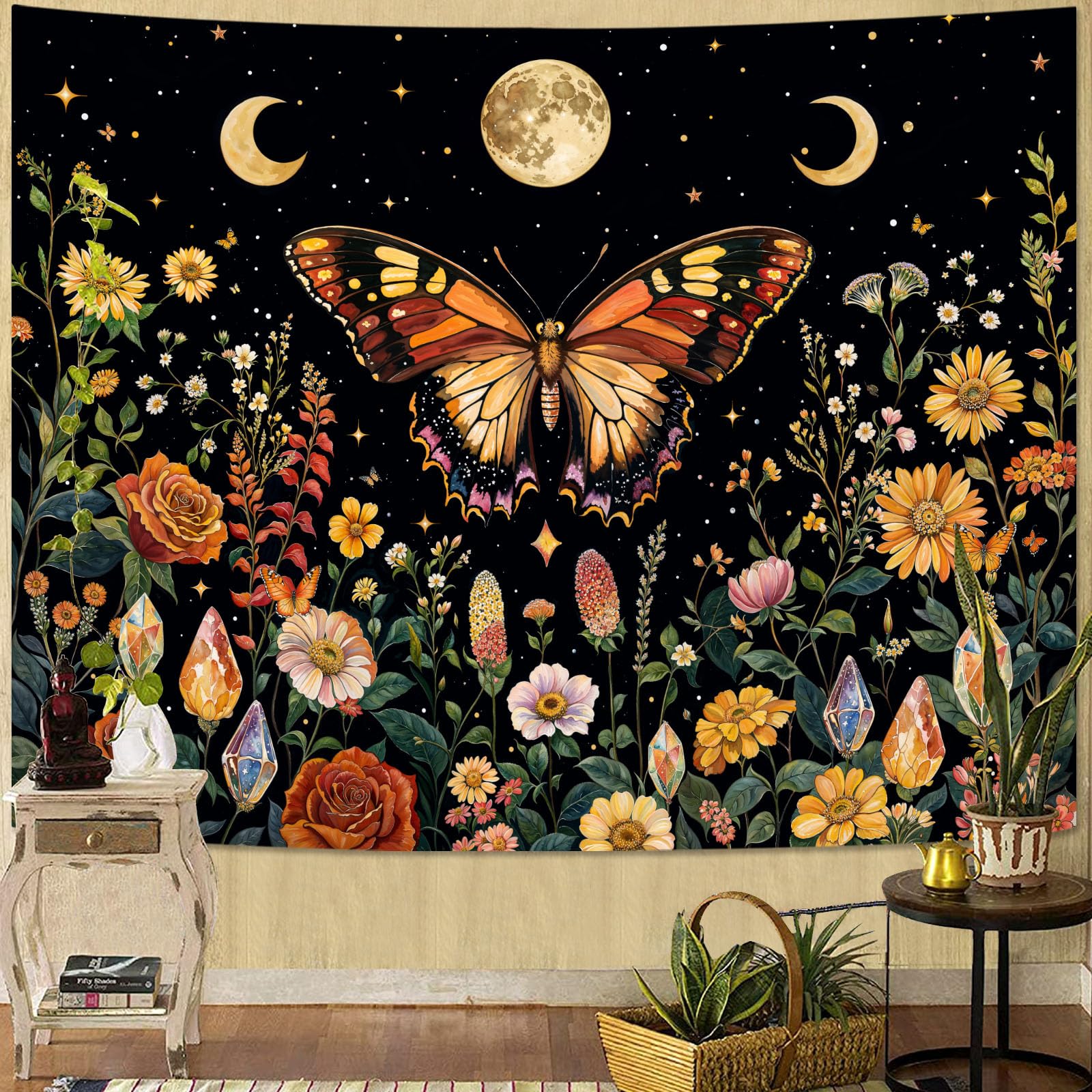 Lunerfex Folk Art Frog Banjo Tapestry - Vintage Woodland Night Wall Hanging for Rustic & Whimsical Decor 90"x70"
