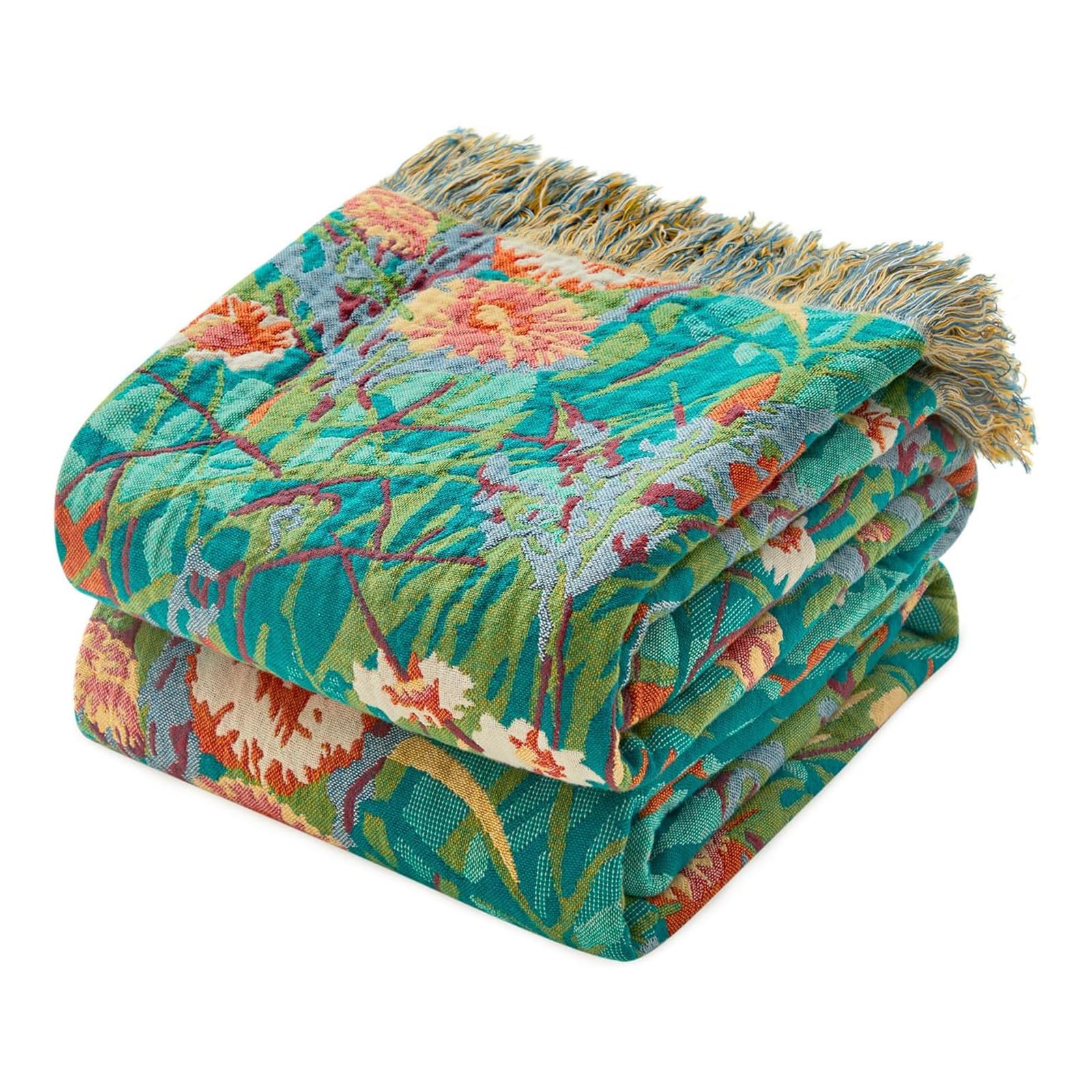 MSGKV Boho Throw Blanket for Couch Chair 100% Cotton Floral Blanket 50"x60" Sofa Blankets Lightweight Farmhouse Muslin Summer Breathable Bed Blankets Home Decor All Seasons