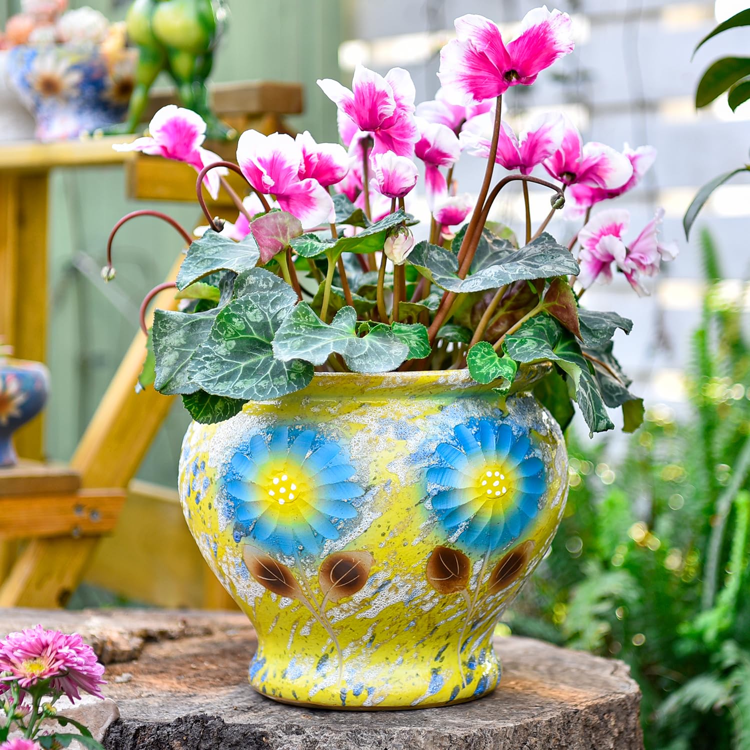 Sungmor Ceramic Hand Painted Succulent Flower Pots, 9 Inch Large Pottery Pots for Indoor Outdoor Plants, Decorative Ceramic Vase for Flower Arrangement Home Decor, Vintage Centerpieces Flowerpot