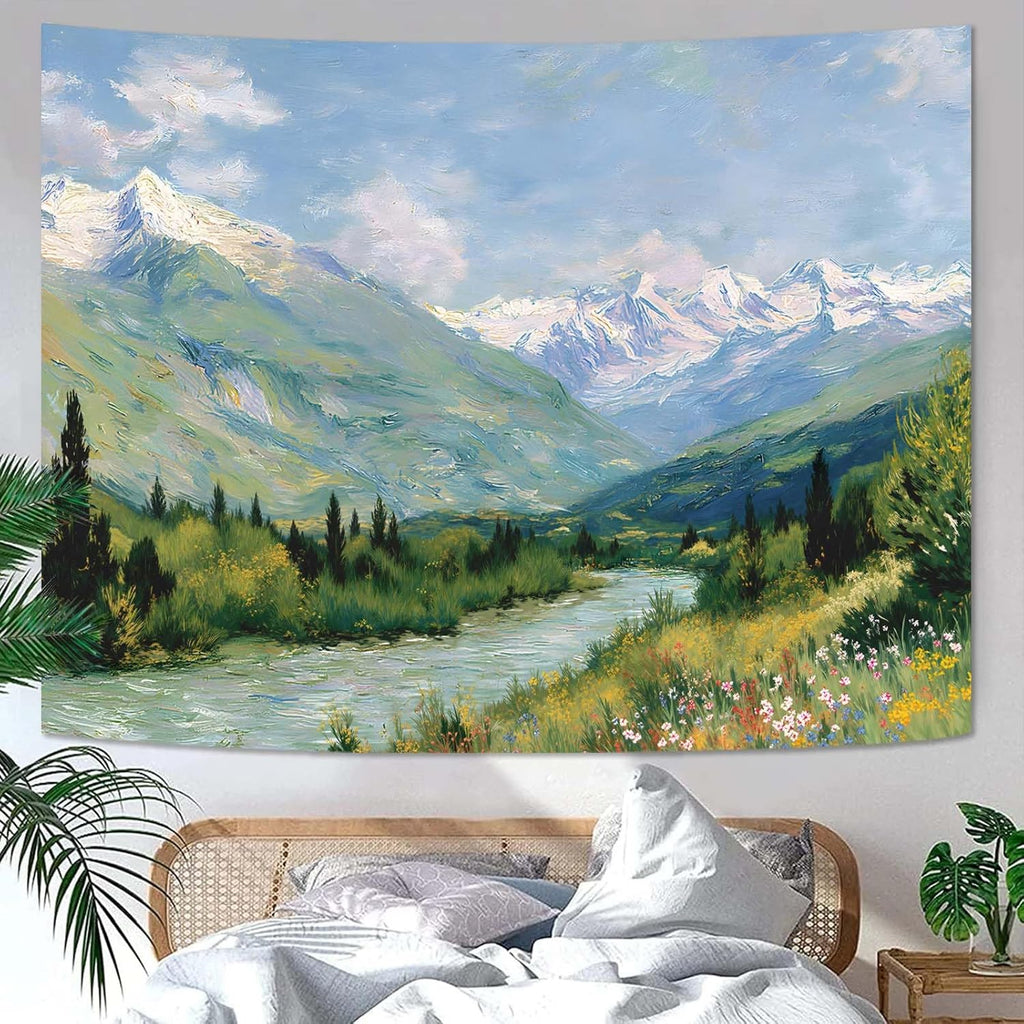 Yeoiat Tapestry Alpine Mountain River Landscape Oil Painting Wall Art Artistic Hand-Painted Look Fine Art Meadow Flowers Decor 90"x70"