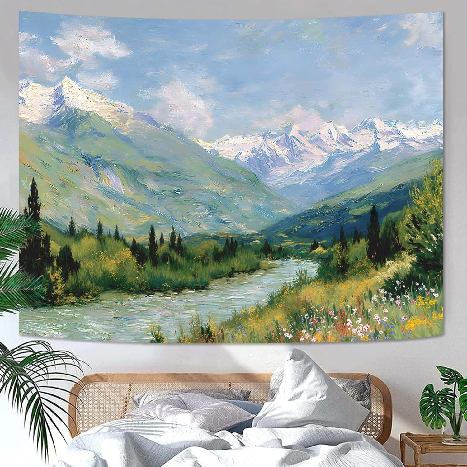 Yeoiat Tapestry Alpine Mountain River Landscape Oil Painting Wall Art Artistic Hand-Painted Look Fine Art Meadow Flowers Decor 90"x70"