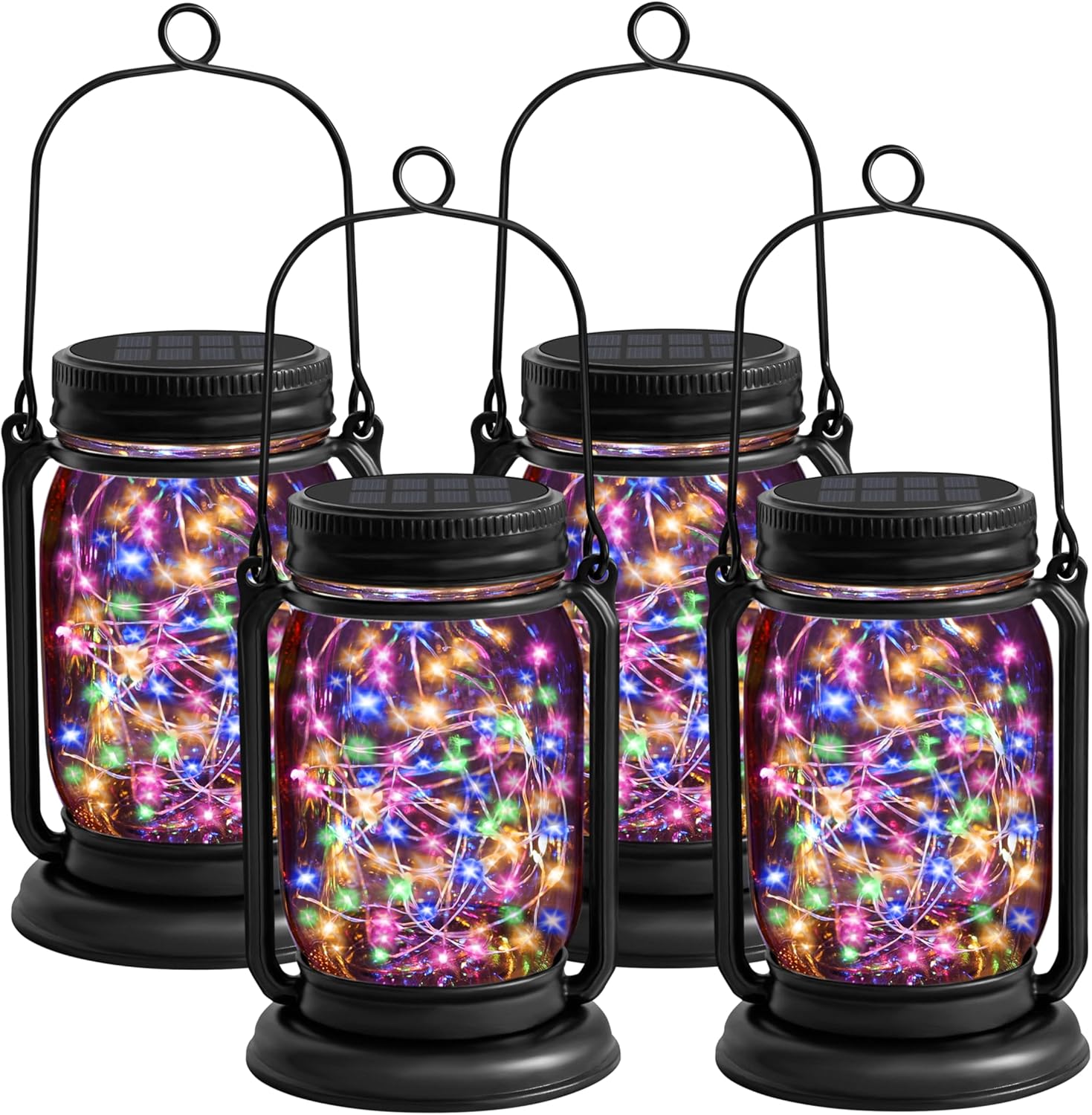 4 Pack Hanging Solar Lantern Lights, 30LED Vintage Glass Mason Jar Solar Fairy Lights Outdoor Decorative Waterproof Table Light with Stakes for Patio Yard Lawn Tree