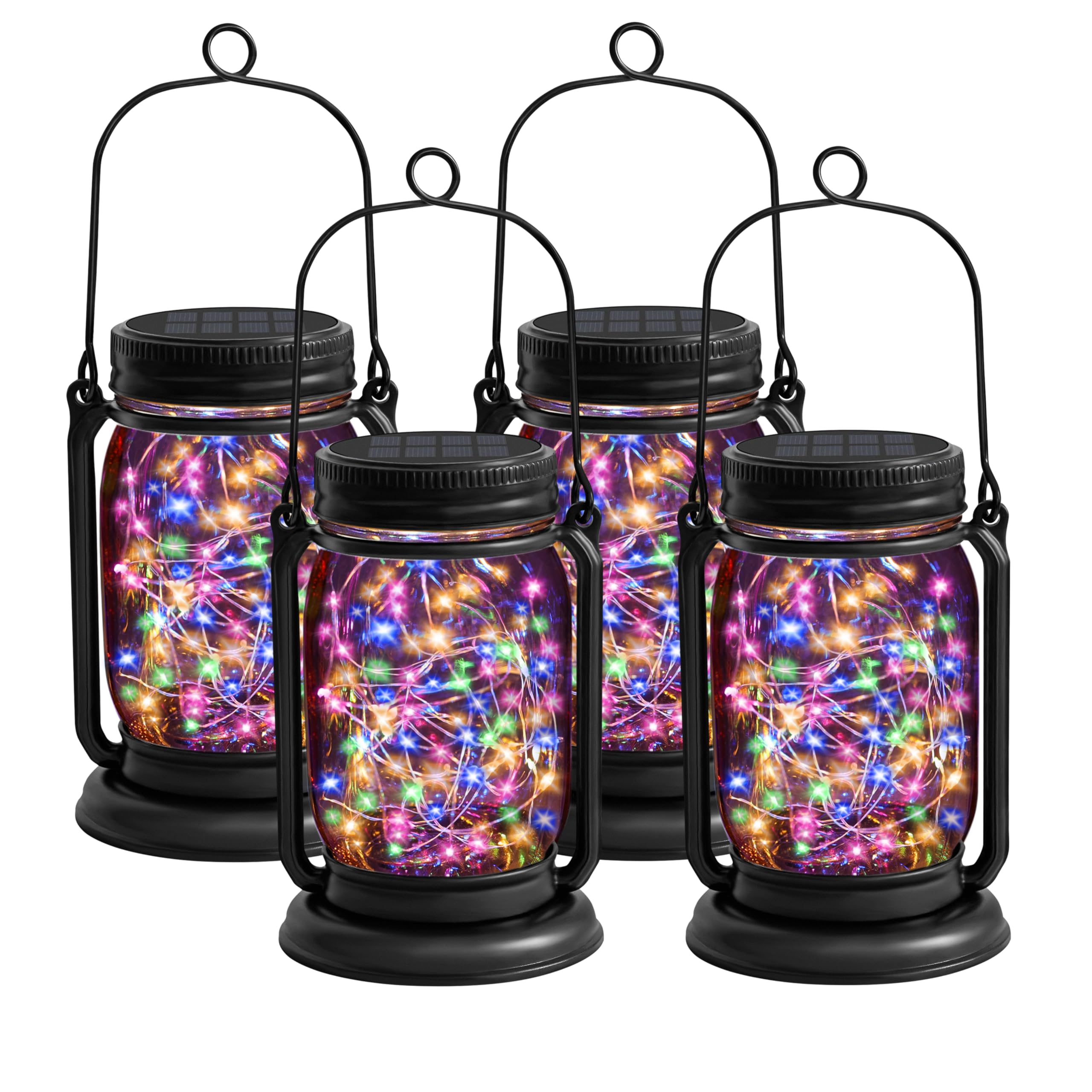 4 Pack Hanging Solar Lantern Lights, 30LED Vintage Glass Mason Jar Solar Fairy Lights Outdoor Decorative Waterproof Table Light with Stakes for Patio Yard Lawn Tree