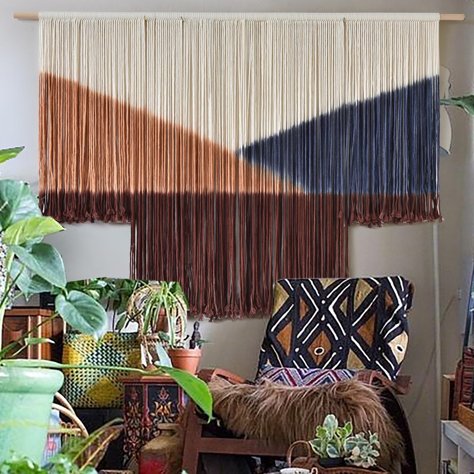 Jakalin Macrame Wall Hanging Dip Dyed Fiber Macrame Wall Decor Boho Cord Living Room Wall Art 57" Wx43 L