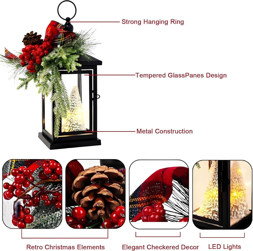 2Packs 14" Lighted Christmas Lanterns, Hanging Christmas Lantern Decorative with Snow-Covered Tree, Bow & Pine Cone Decorations for Porch, Mantel, Seasonal Display, Retro-Style Holiday Decor Outdoor