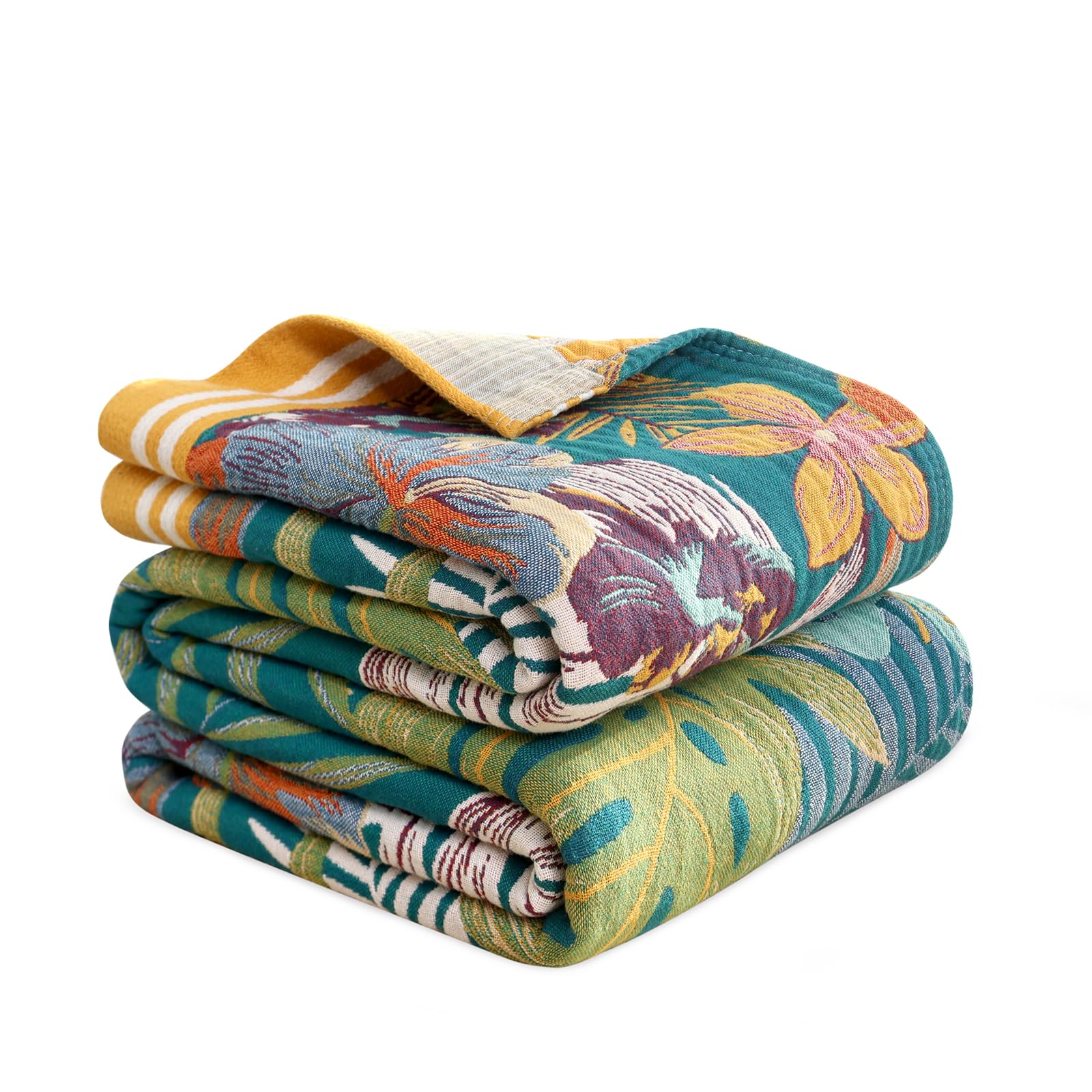 MSGKV Boho Throw Blanket for Couch Chair 100% Cotton Floral Blanket 50"x60" Sofa Blankets Lightweight Farmhouse Muslin Summer Breathable Bed Blankets Home Decor All Seasons