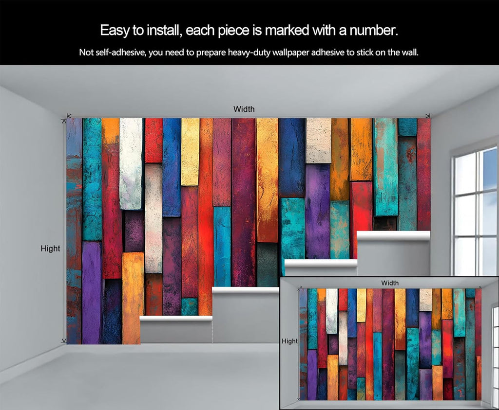 Colorful Wood Grain Wall Mural - Distressed Murals, Wooden Stripes Large Wall Murals for Living Room, Wood Grain Mural - 197" x 118.2" (Not Peel n' Stick)