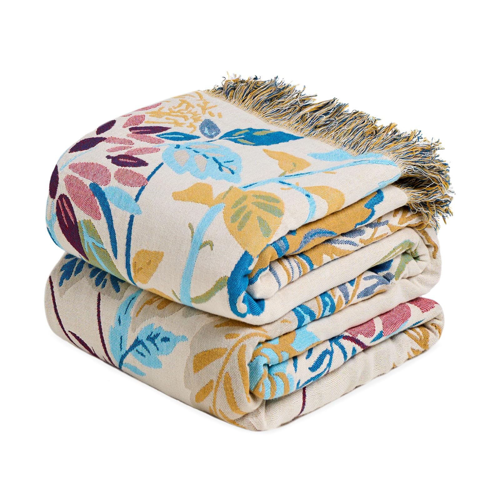 MSGKV Boho Throw Blanket for Couch Chair 100% Cotton Floral Blanket 50"x60" Sofa Blankets Lightweight Farmhouse Muslin Summer Breathable Bed Blankets Home Decor All Seasons