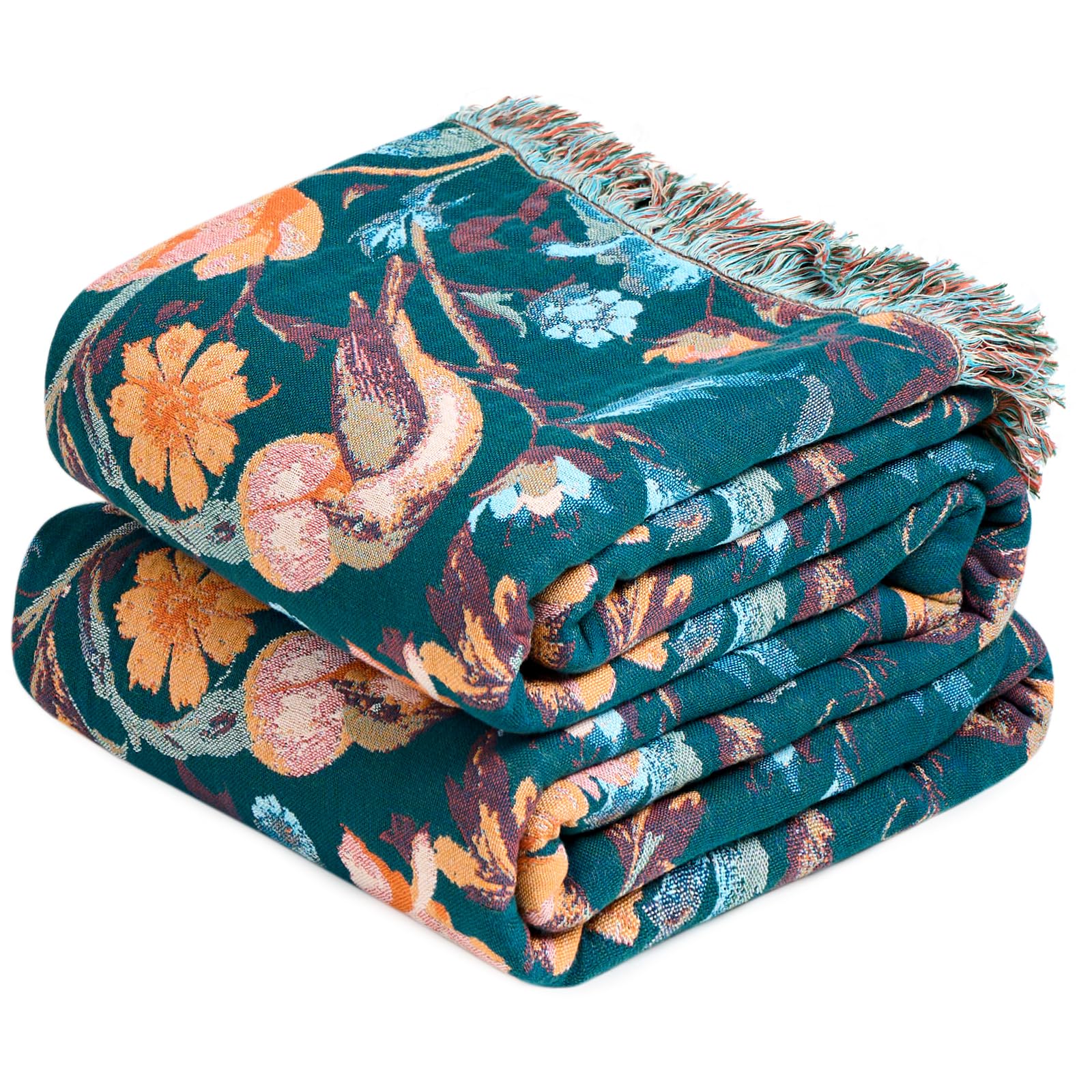 MSGKV Boho Throw Blanket for Couch Chair 100% Cotton Floral Blanket 50"x60" Sofa Blankets Lightweight Farmhouse Muslin Summer Breathable Bed Blankets Home Decor All Seasons