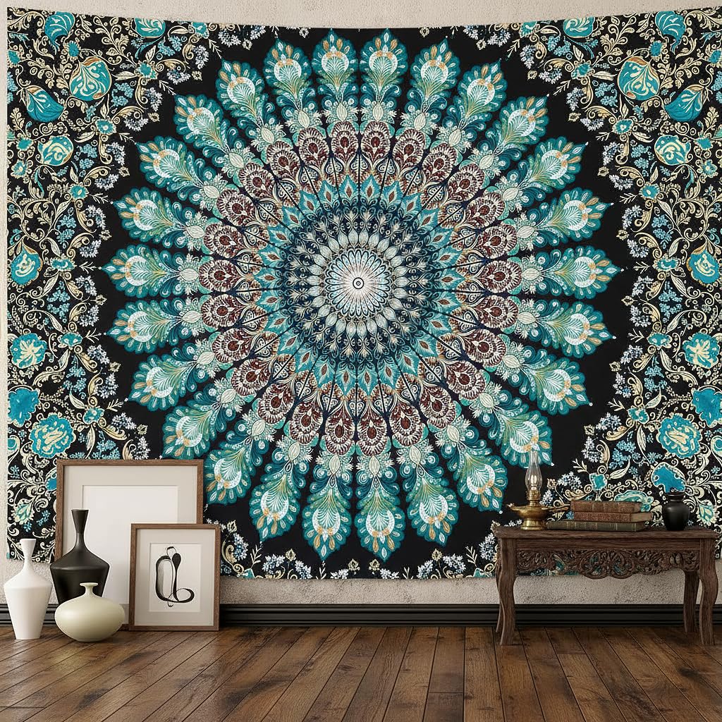 Accnicc Extra Large Orange Brown Boho Mandala Floral Tapestry, 90×68 Inch, Bohemian Wall Decor for Bedroom Living Room Dorm