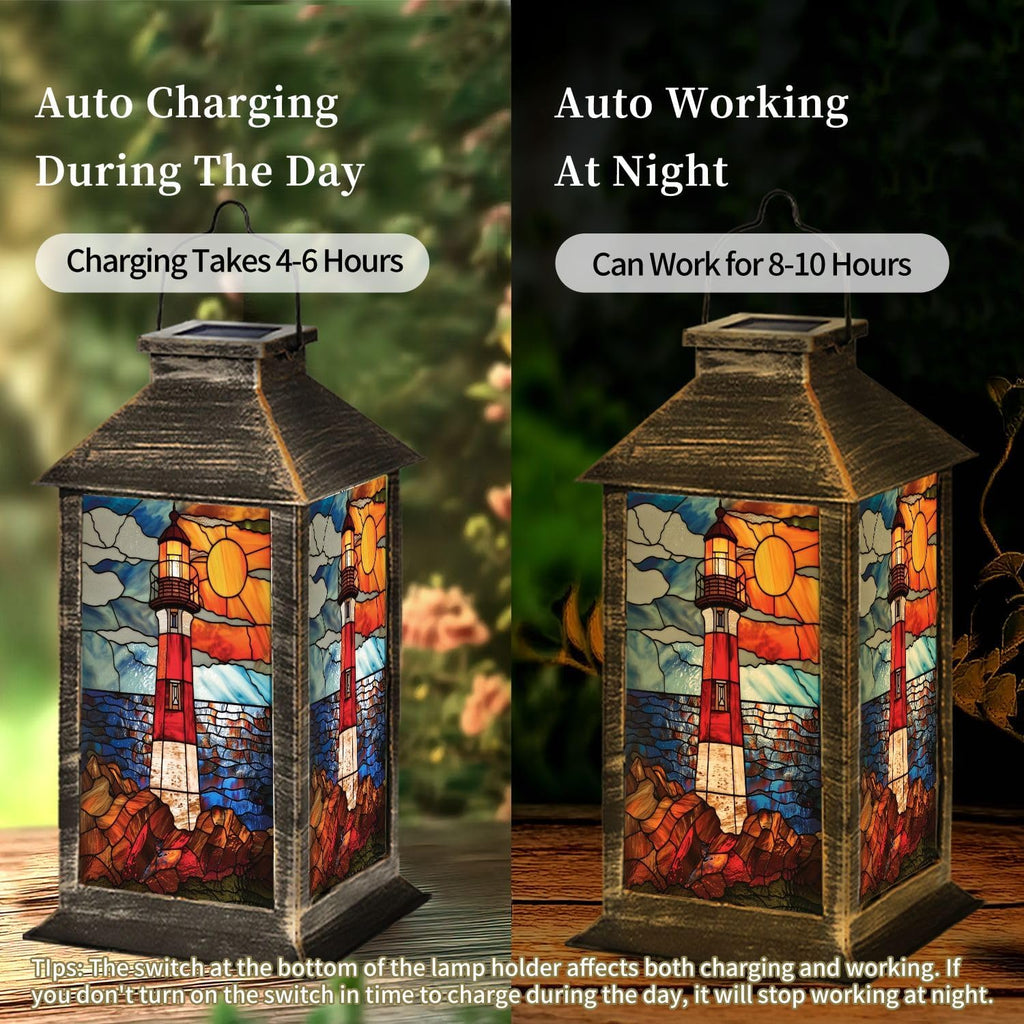 Solar Lantern Coastal Lighthouse Stained Glass Hanging Ornament Outdoor Garden Hanging Lantern Waterproof Solar Powered Lighting Outside Table Lamp for Patio Deck Yard Camping Nautical Decor