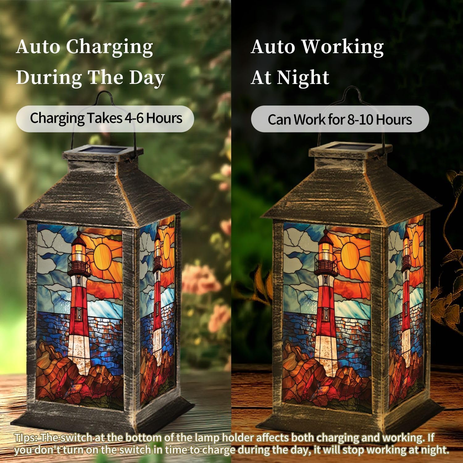 Solar Lantern Coastal Lighthouse Stained Glass Hanging Ornament Outdoor Garden Hanging Lantern Waterproof Solar Powered Lighting Outside Table Lamp for Patio Deck Yard Camping Nautical Decor