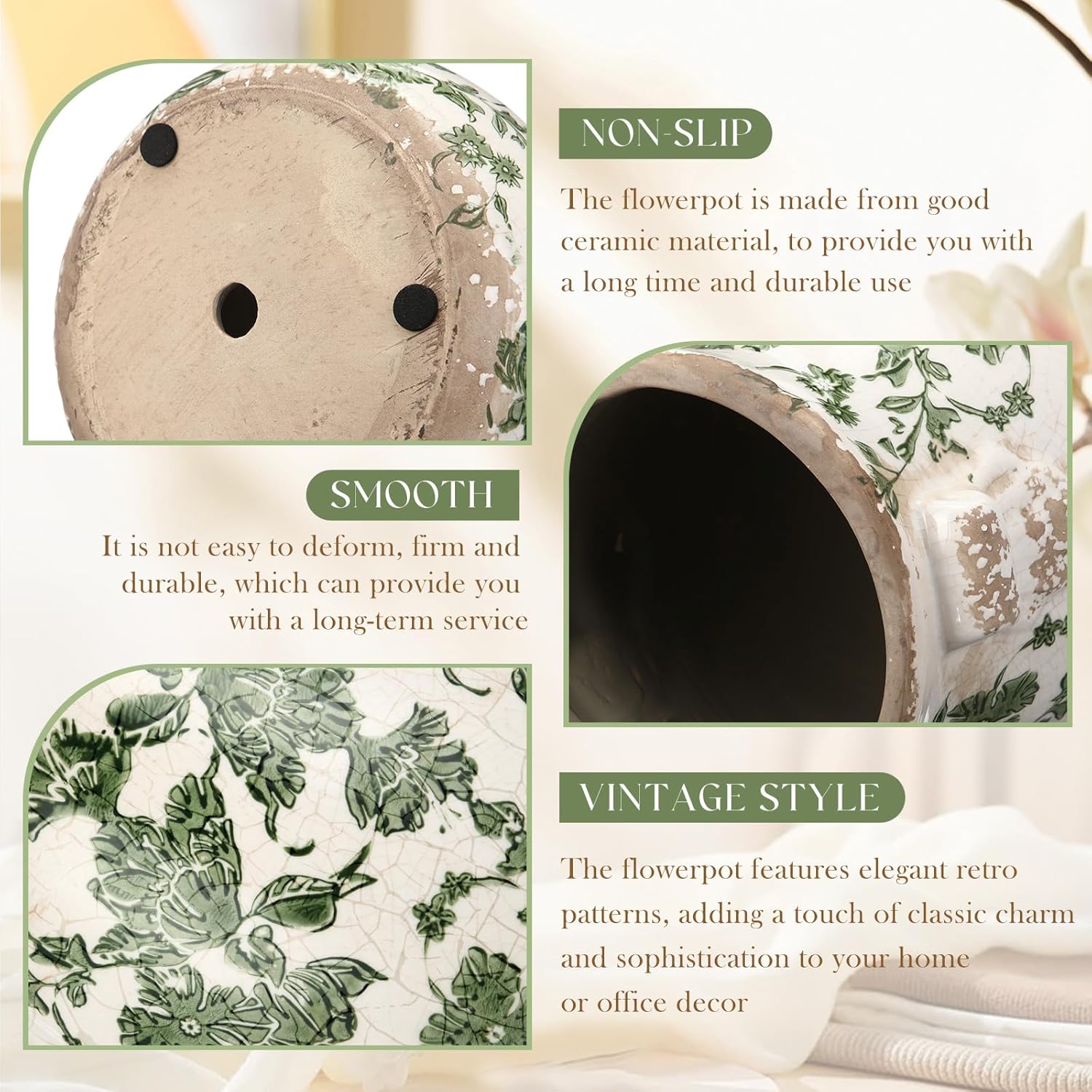 Ceramic Green Scroll Planter 6.5 Inch Chinoiserie Floral Vase with Drainage Holes Vintage Flower Vase Flower Pot Rustic Ceramic Pots for Indoor Plants Flowers Garden Home Bookshelf Decor