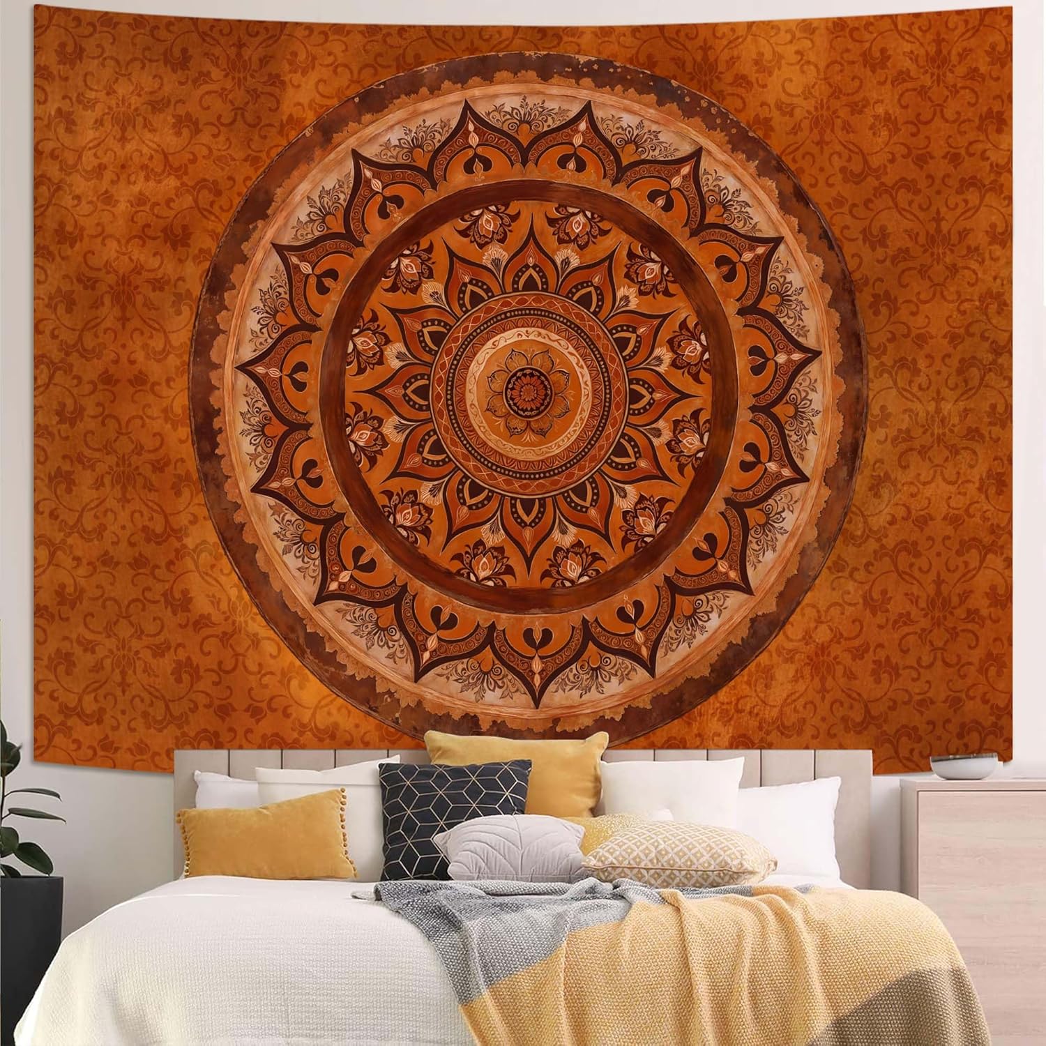 Accnicc Extra Large Orange Brown Boho Mandala Floral Tapestry, 90×68 Inch, Bohemian Wall Decor for Bedroom Living Room Dorm