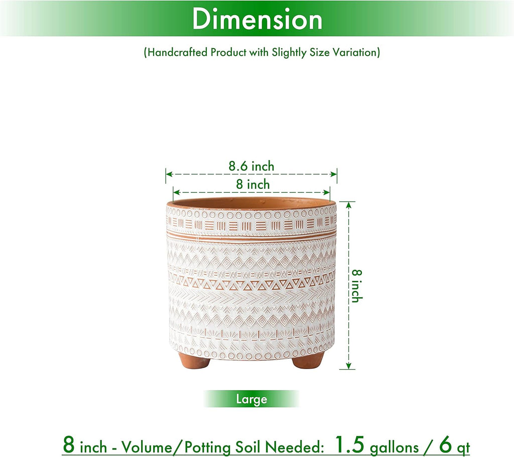 D'vine Dev 8 Inch Terracotta Planter Pot, Modern Design Ceramic Plants Pot with Drainage Hole, Saharan Script, 33-953-D-1