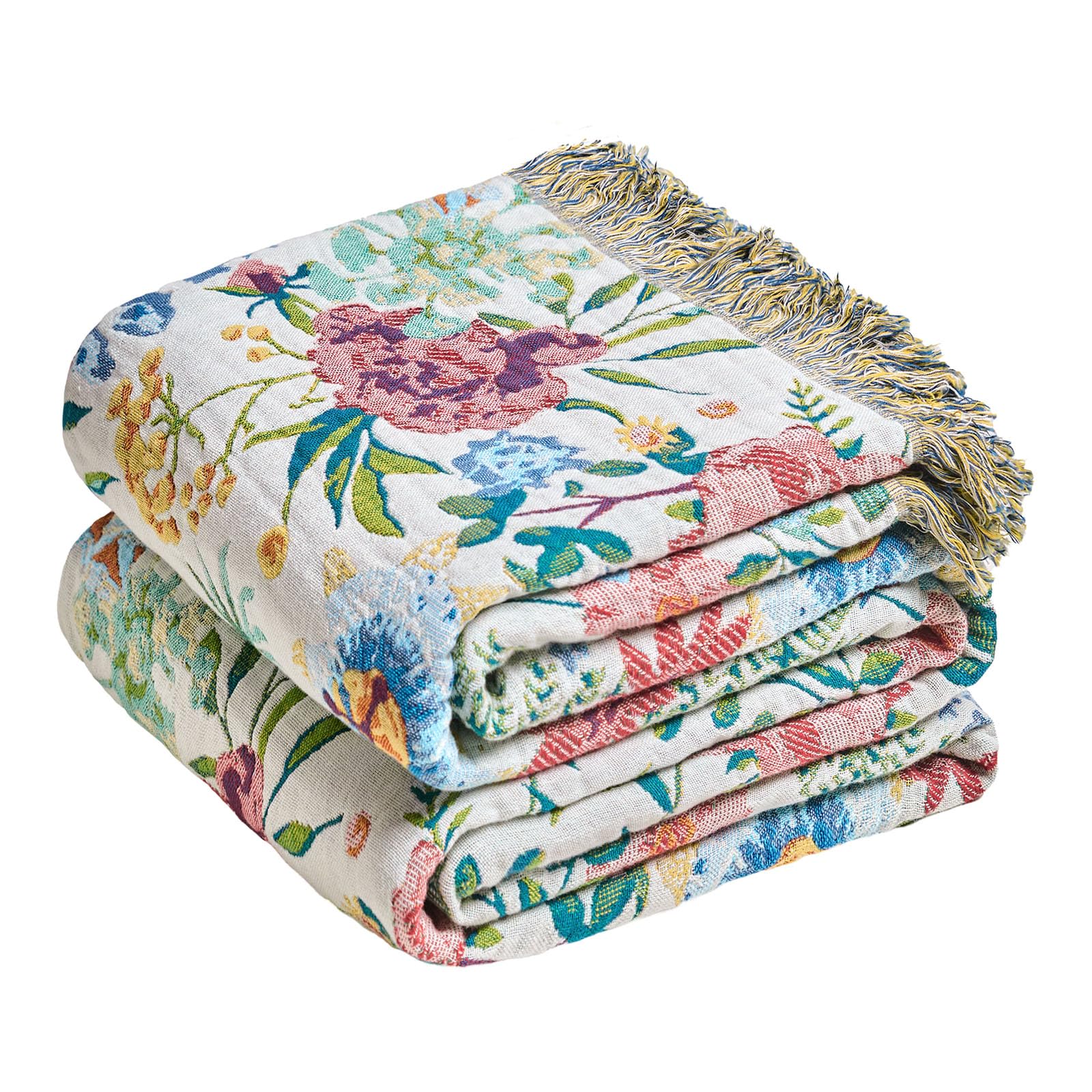 MSGKV Boho Throw Blanket for Couch Chair 100% Cotton Floral Blanket 50"x60" Sofa Blankets Lightweight Farmhouse Muslin Summer Breathable Bed Blankets Home Decor All Seasons