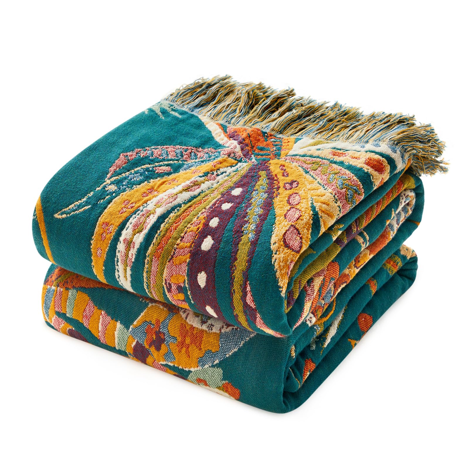 MSGKV Boho Throw Blanket for Couch Chair 100% Cotton Floral Blanket 50"x60" Sofa Blankets Lightweight Farmhouse Muslin Summer Breathable Bed Blankets Home Decor All Seasons